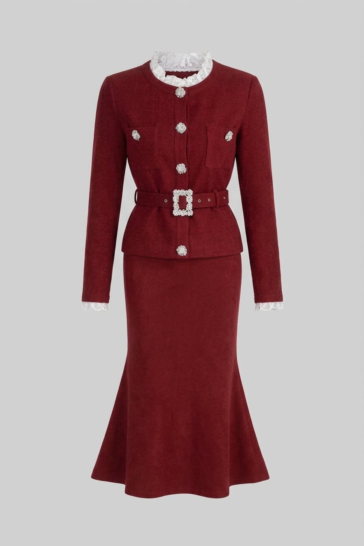 Fleur Burgundy Long Sleeve Co-Ord With Fitted Knit Bodice And Crystal Button Detail