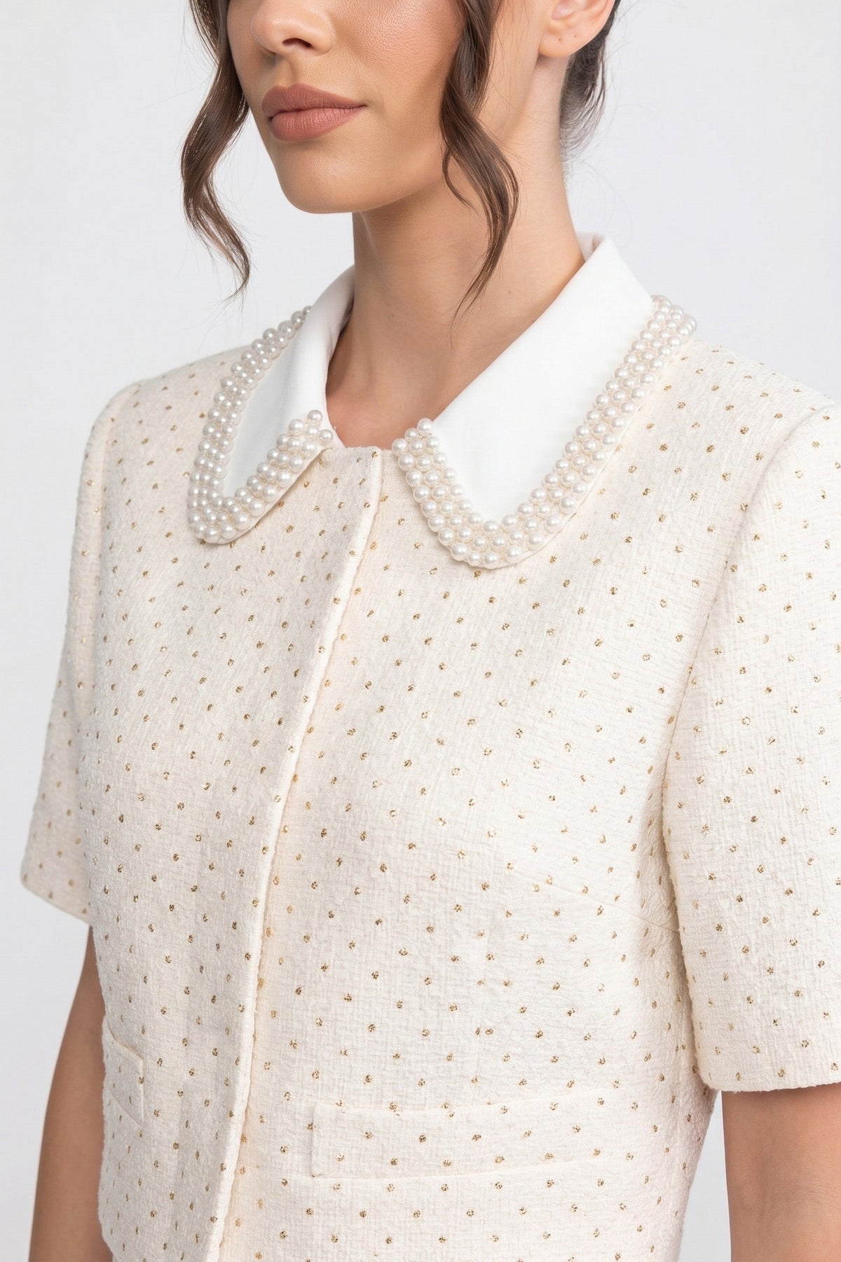 Victoire Ivoire Short-Sleeve Embellished Tweed Cropped Jacket With Crystal Collar