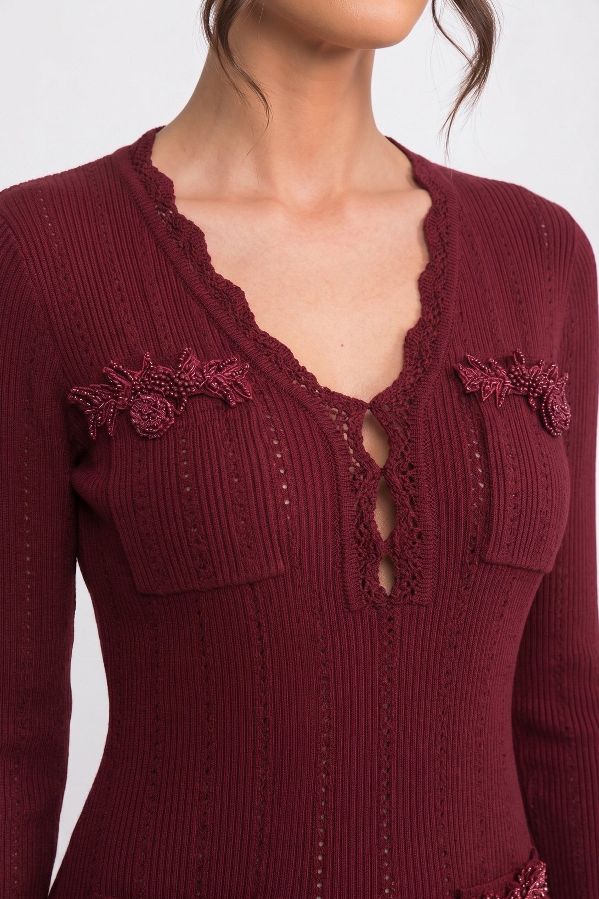 Henriette Burgundy Long-Sleeve V-Neck Knit Mini Dress With Ruffle Hem And Bow Cuffs