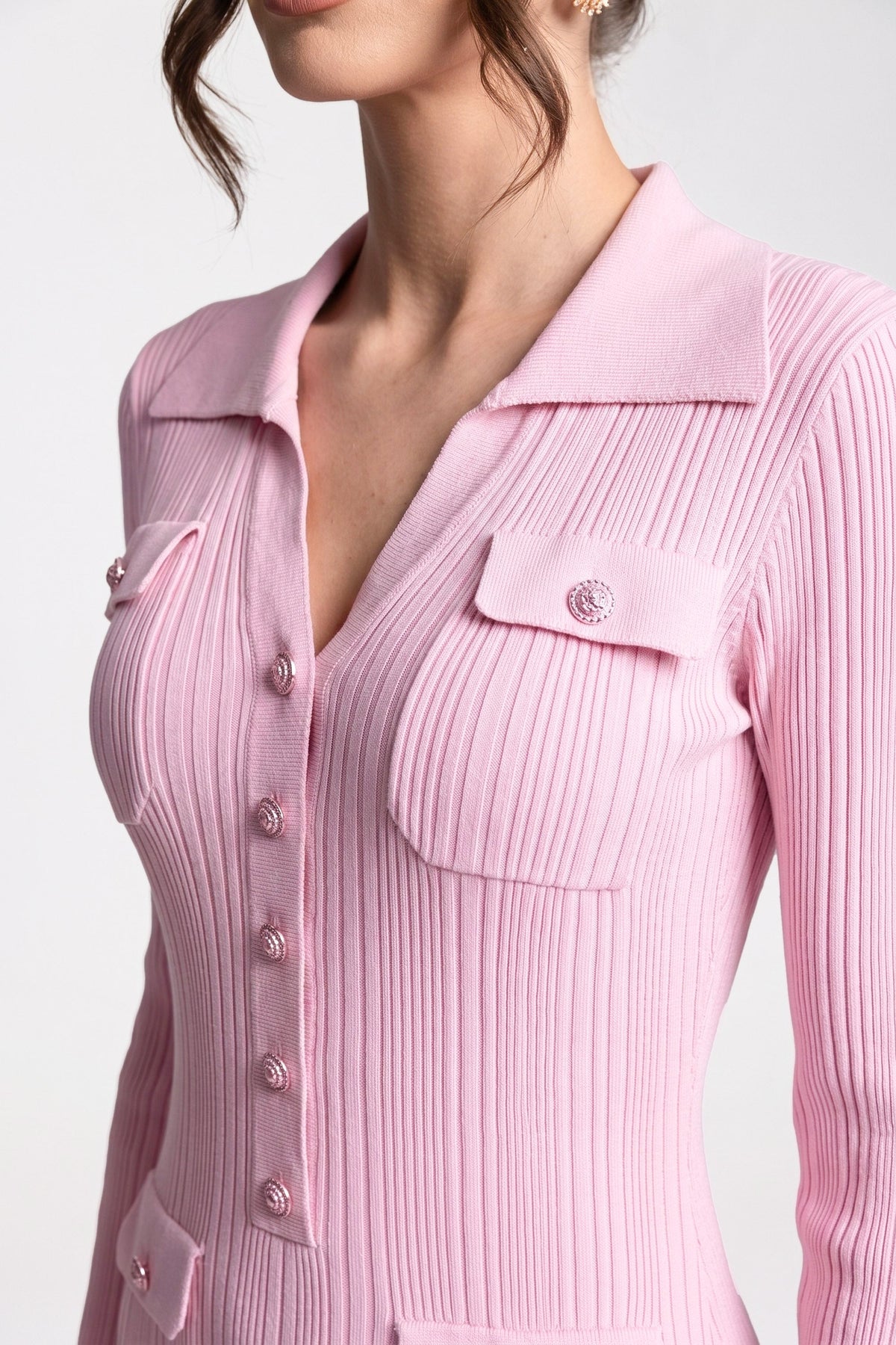 Faustine Pink Long-Sleeve Button-Front Knit Maxi Dress With Patch Pockets