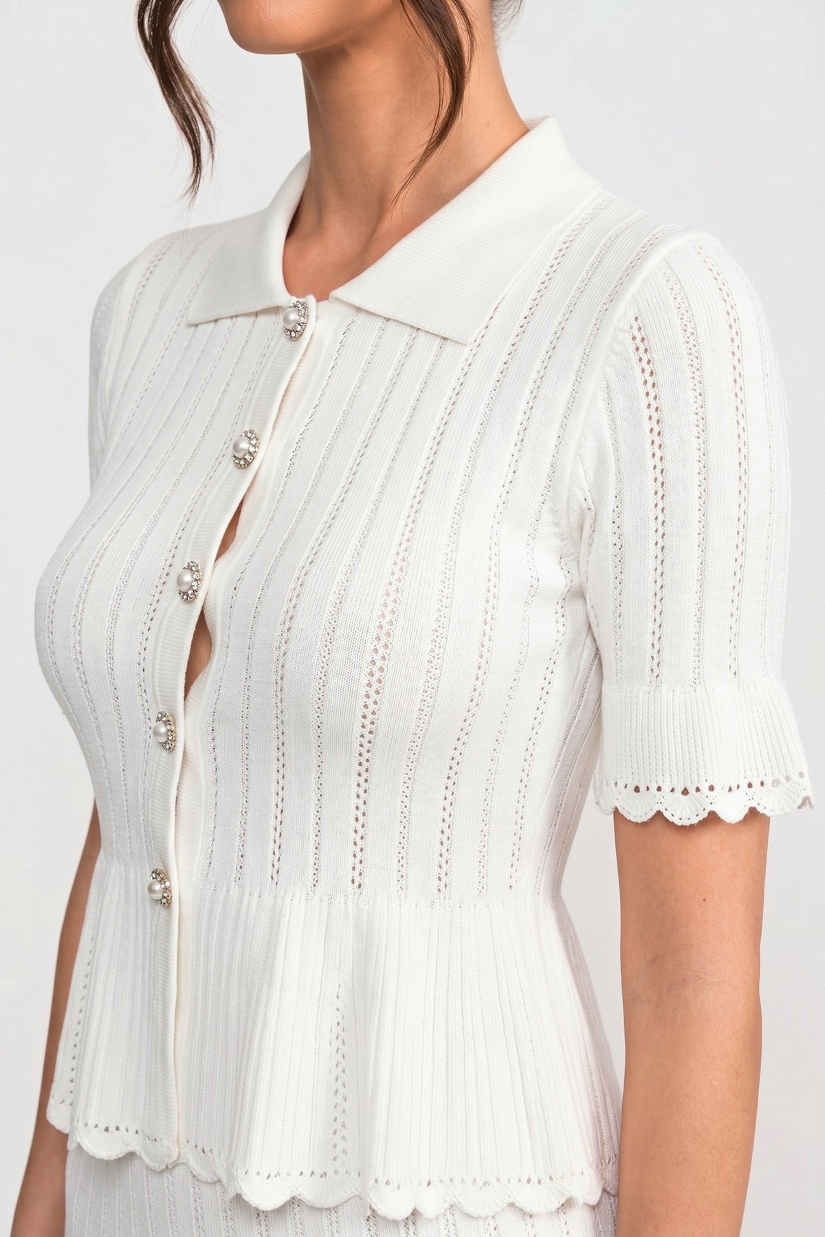 Lucille White Peter-Pan Collar Knit Peplum Co-Ord Set With Lace Hem