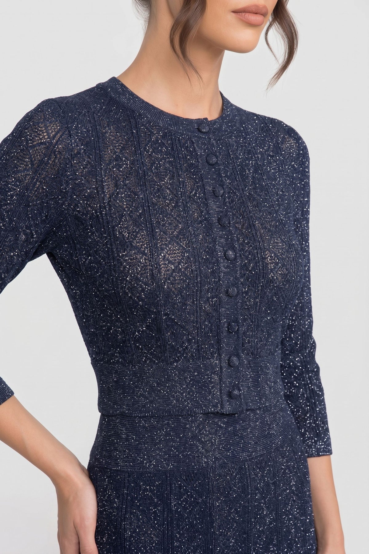 Long-Sleeve Diamond-Pattern Lace Co-Ord Set With Maxi Skirt - Navy