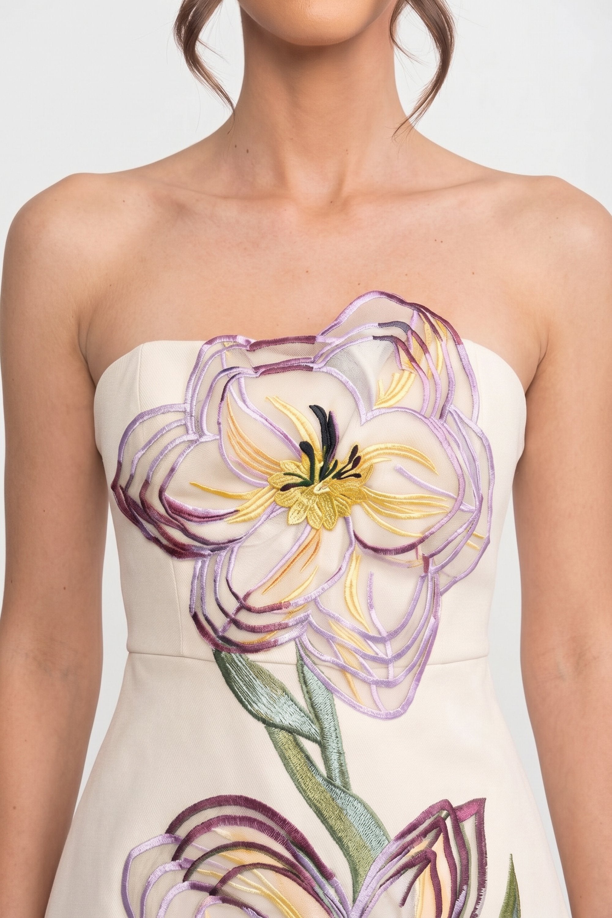 Strapless Mini Dress With 3D Iris Floral Appliqué - White