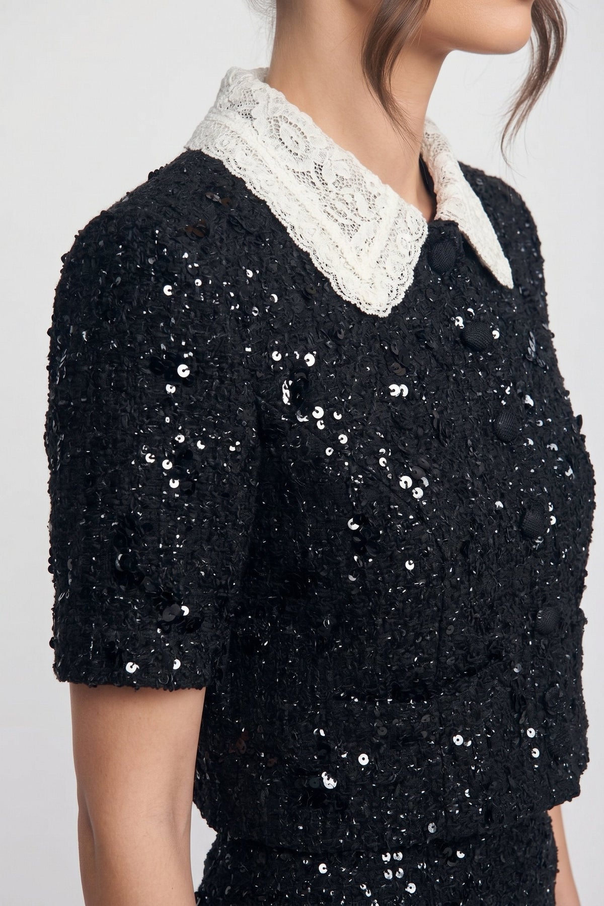 Zelie Black Short-Sleeve Tweed Cropped Jacket With Contrast Collar And Sequin Detail