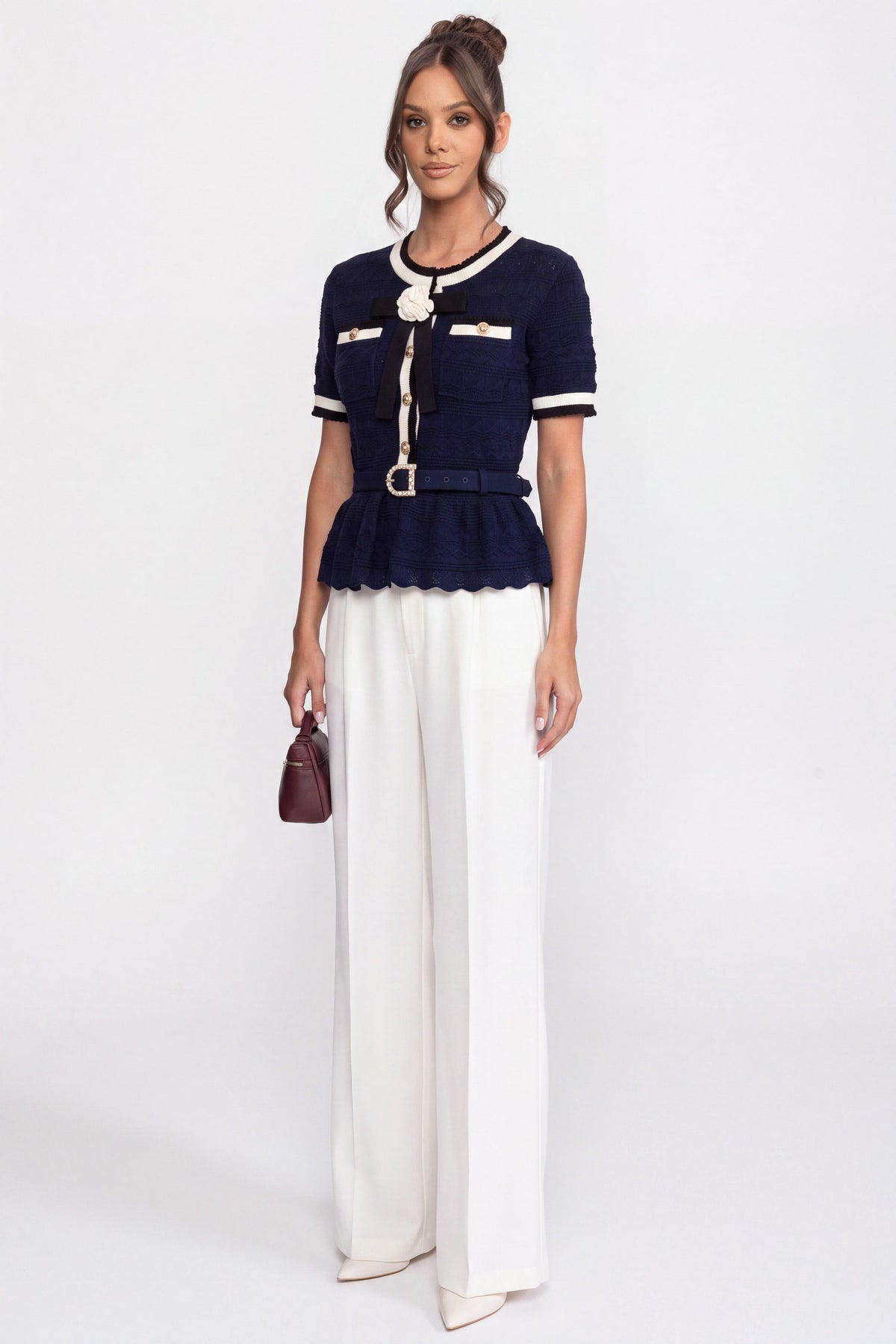 Peplum Knit Top With Contrast Sailor Collar And Pearl Buttons - Navy