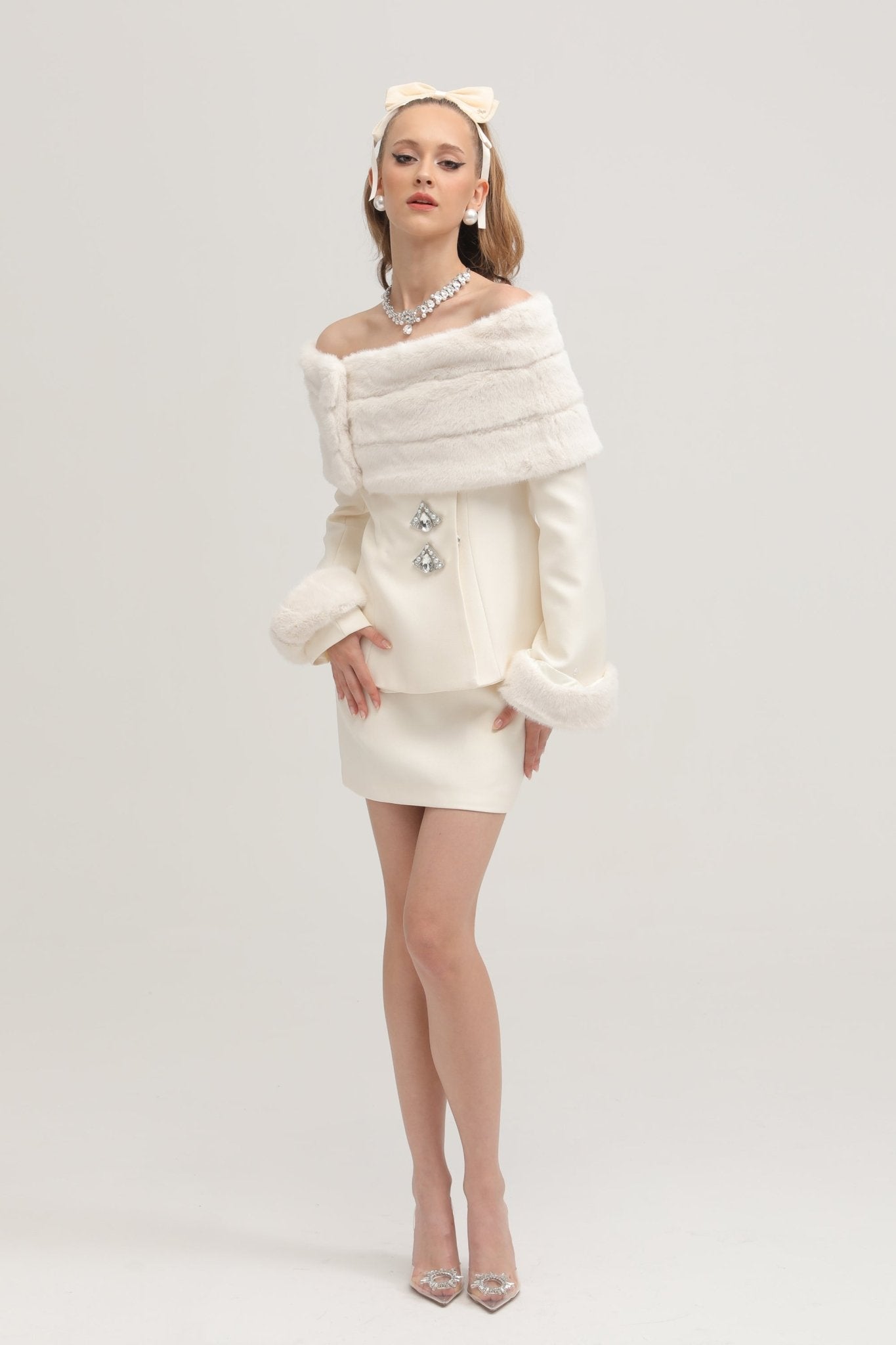 Caitlin white faux-fur jacket & skirt matching set