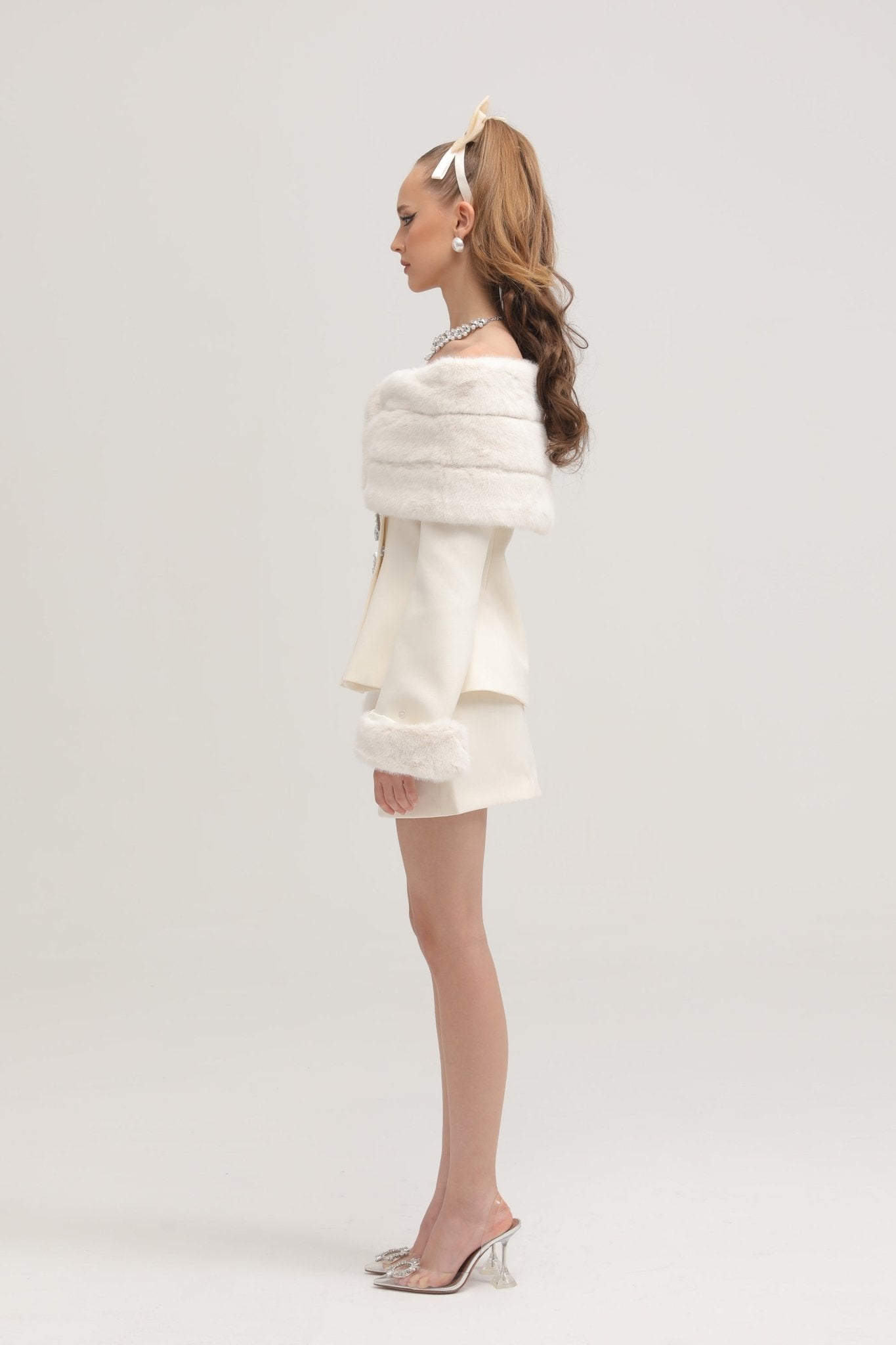 Caitlin white faux-fur jacket & skirt matching set
