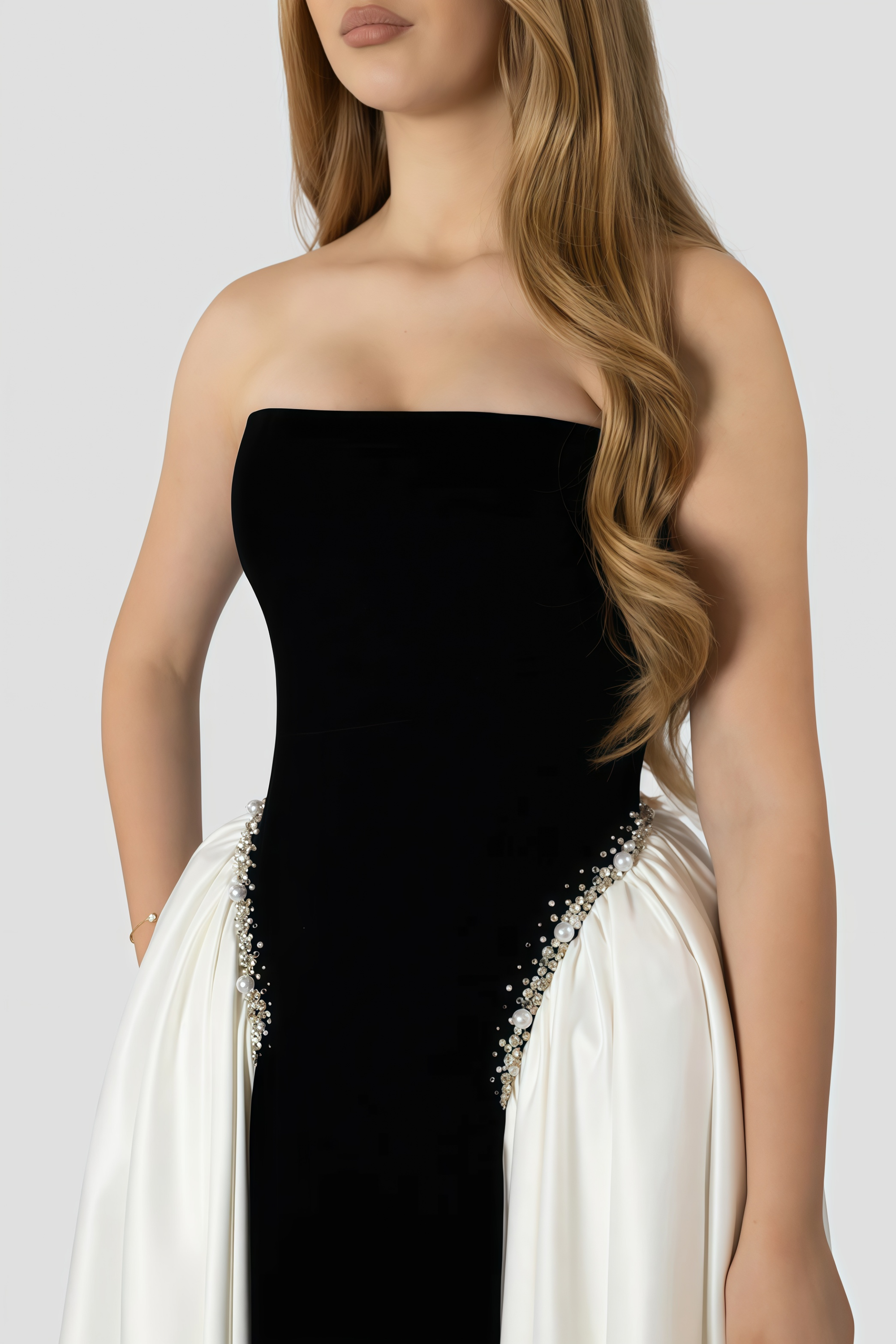 Raffaella Color Block Pearl Trim Velvet Maxi Gown