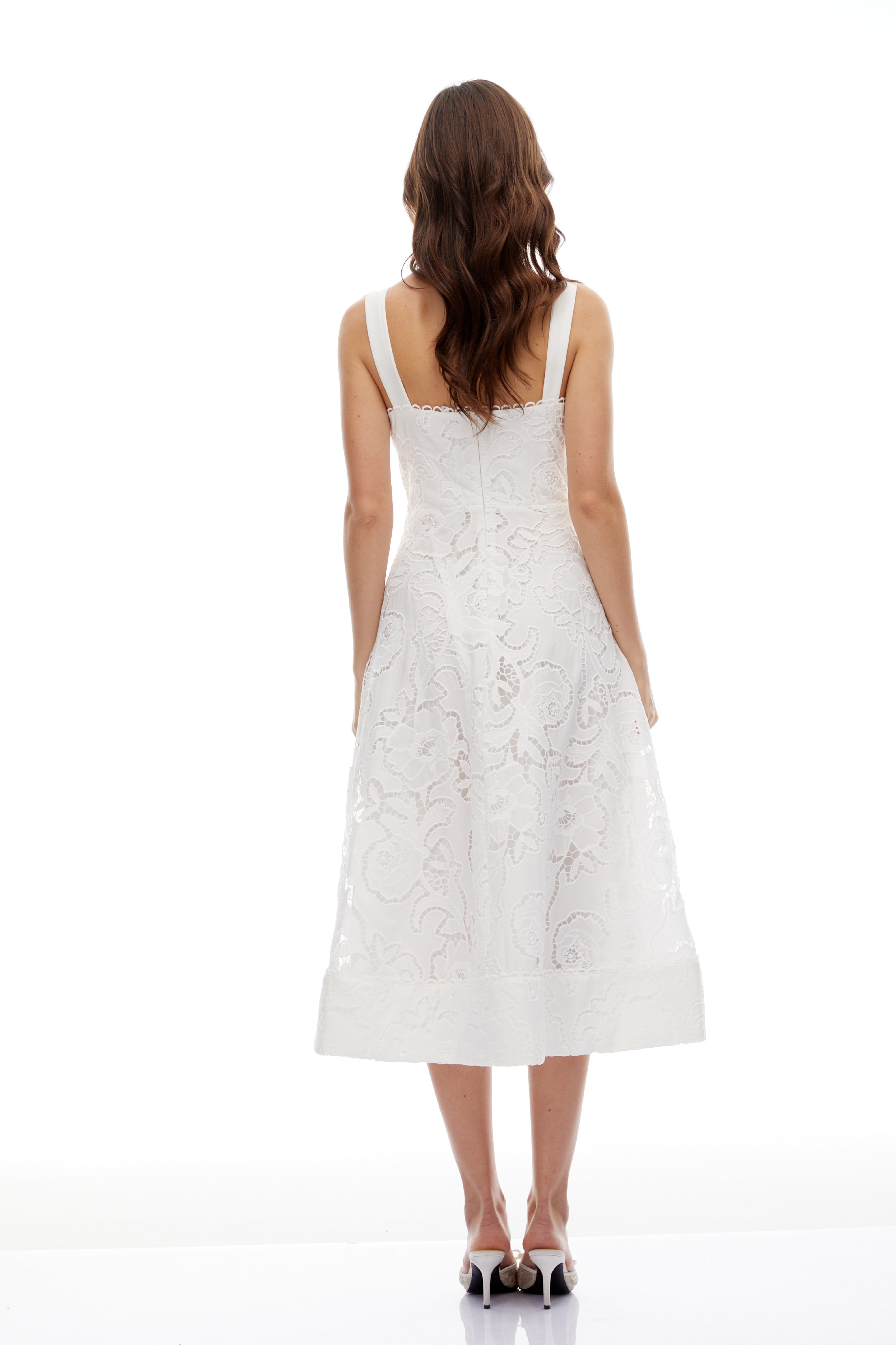 Genevieve White Floral Embroidered Lace Midi Dress