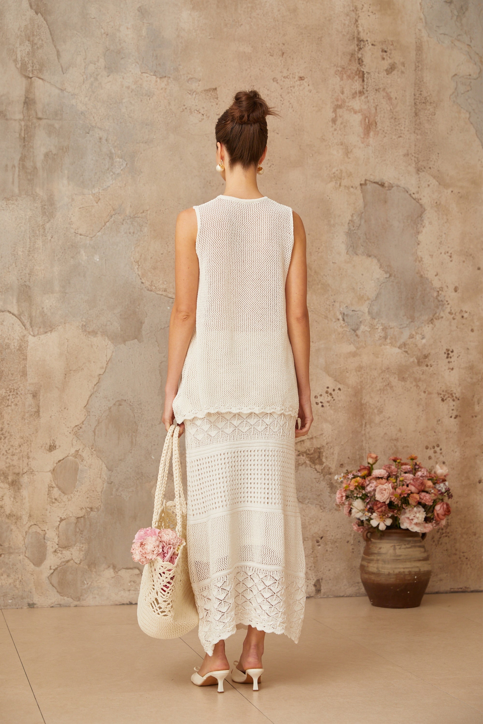 Irène white cut-out crochet-knit top & skirt matching set