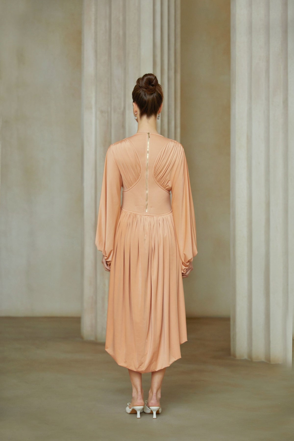 Kenza Brown Asymmetrical Pleated Midi Dress