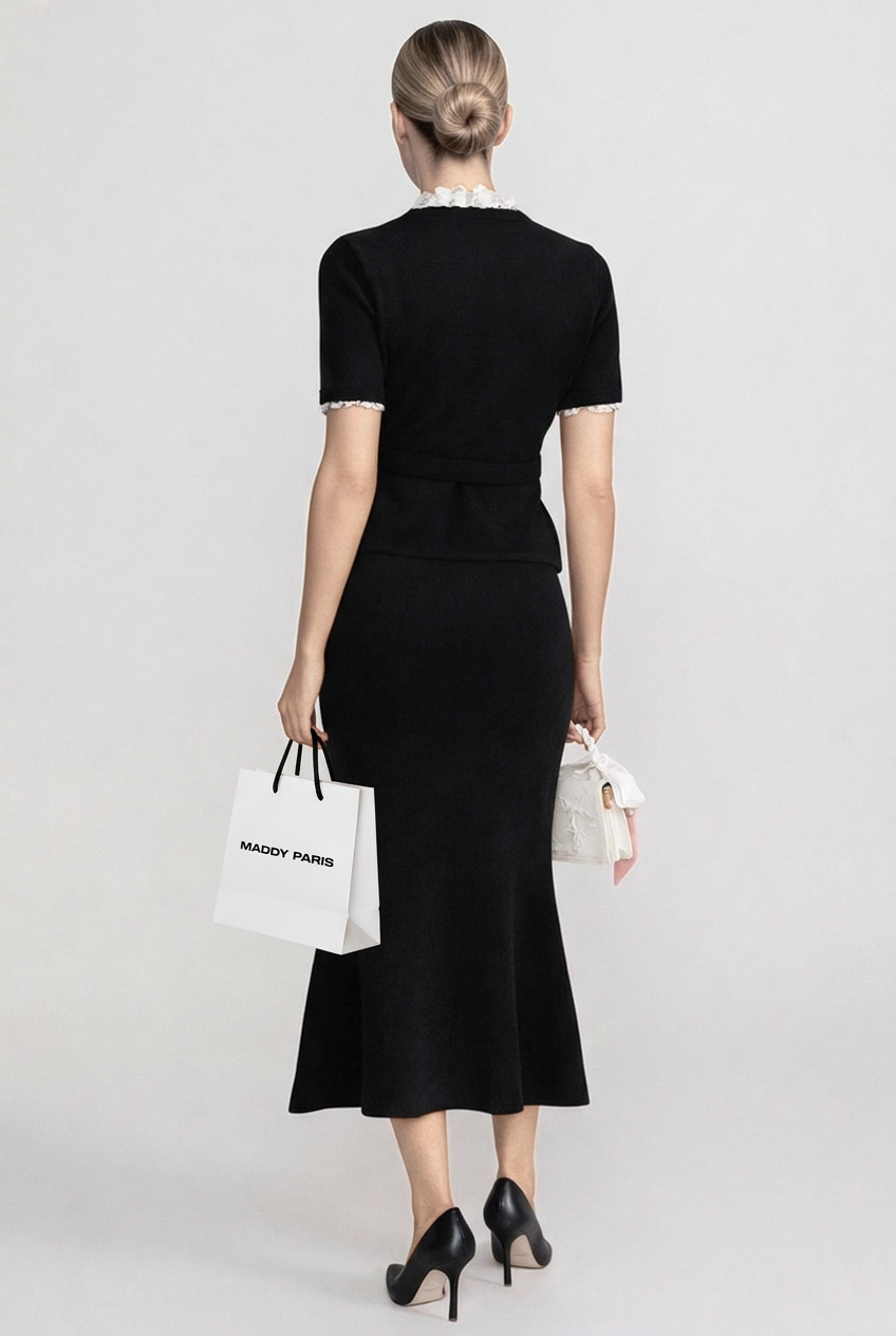 Short Sleeve Co-Ord With Peplum Waist And Crystal Button Belt - Black - back view
