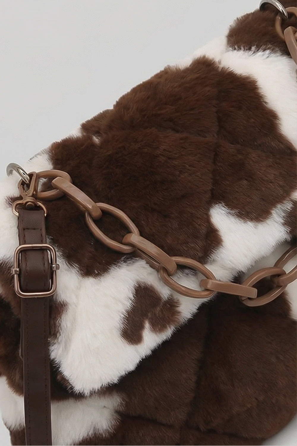 Faux Fur Chain-Handle Mini Bag with Quilted Texture – Brown & White