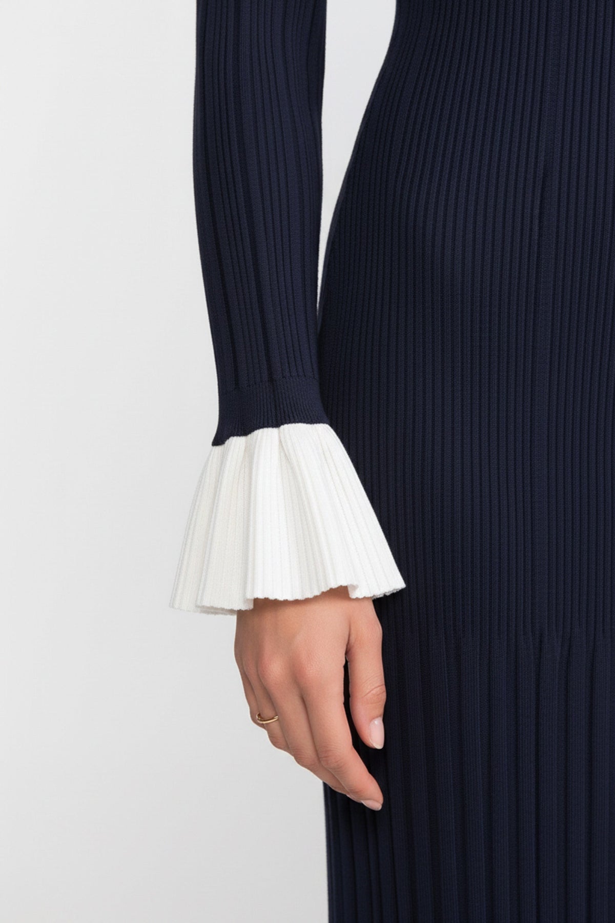 Felicite Navy Long-Sleeve Button-Front Pleated Knit Maxi Dress With Contrast Cuffs