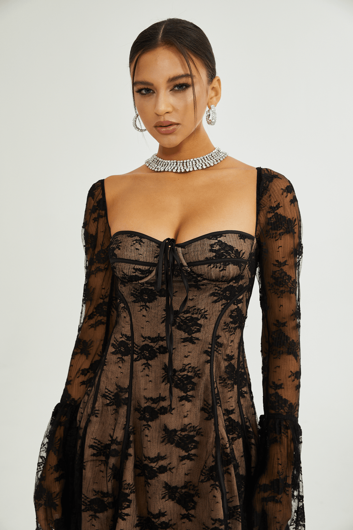 Cyrielle black flared-cuff long-sleeved dress
