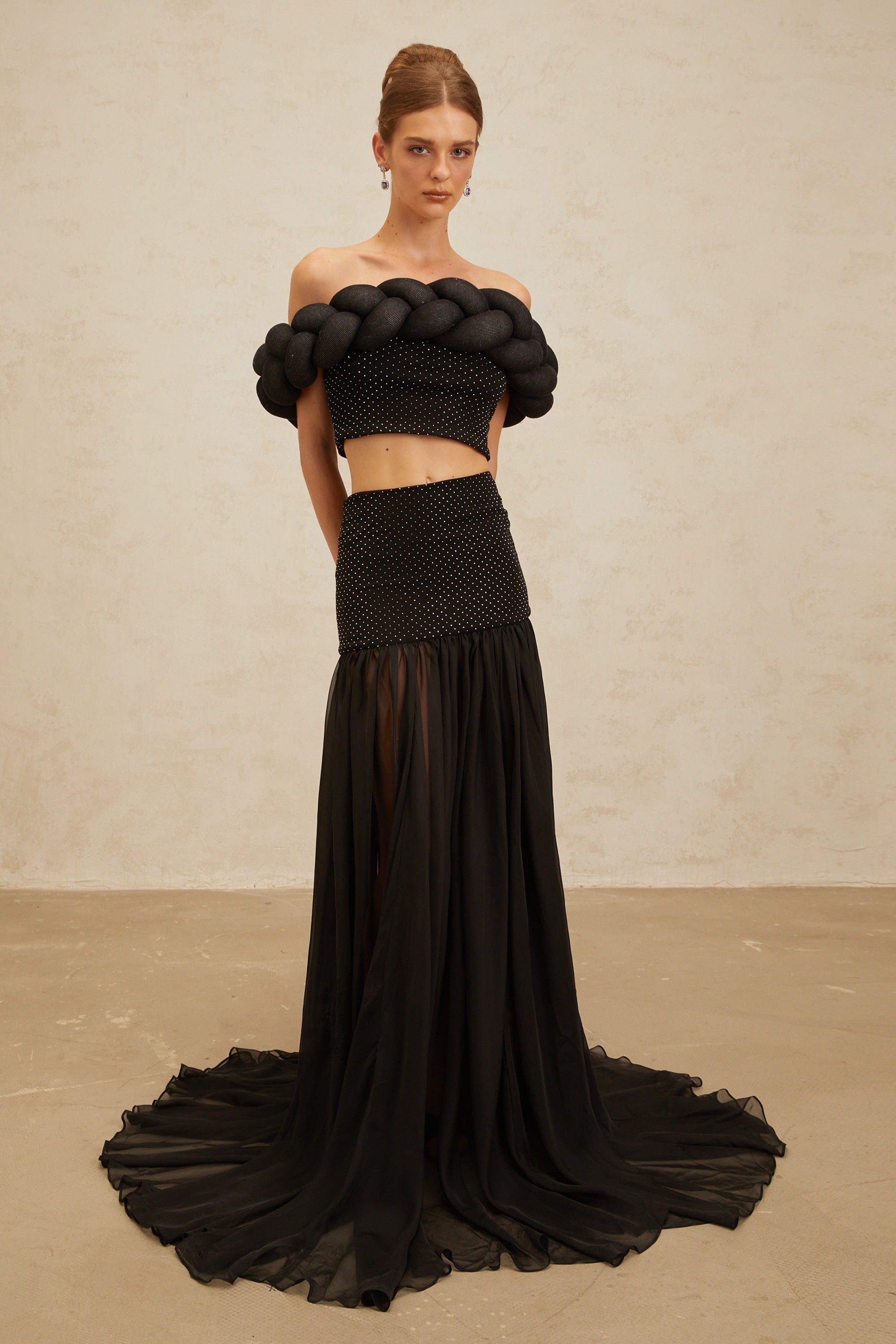 Camille Black Braid-Detail Rhinestone Embellished Crop Top