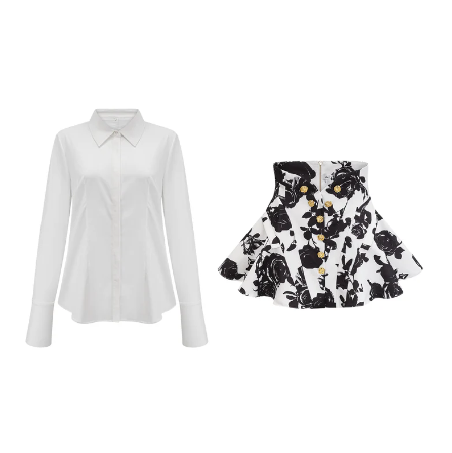 Léonor floral-print shirt & mini skirt dress matching set - Black and White