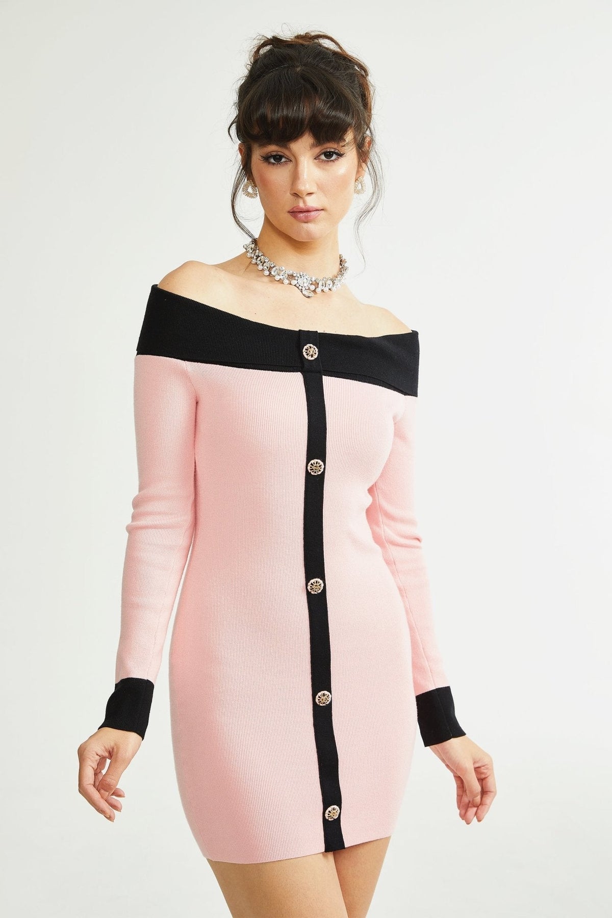 Delphine pink-black knitted mini dress