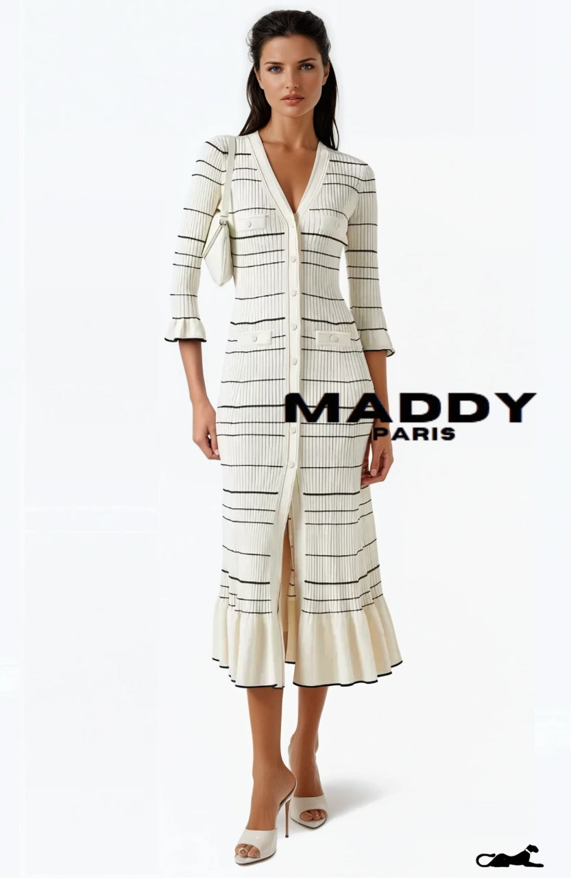 SANDRO SERAPHINA KNIT MIDI DRESS - WHITE