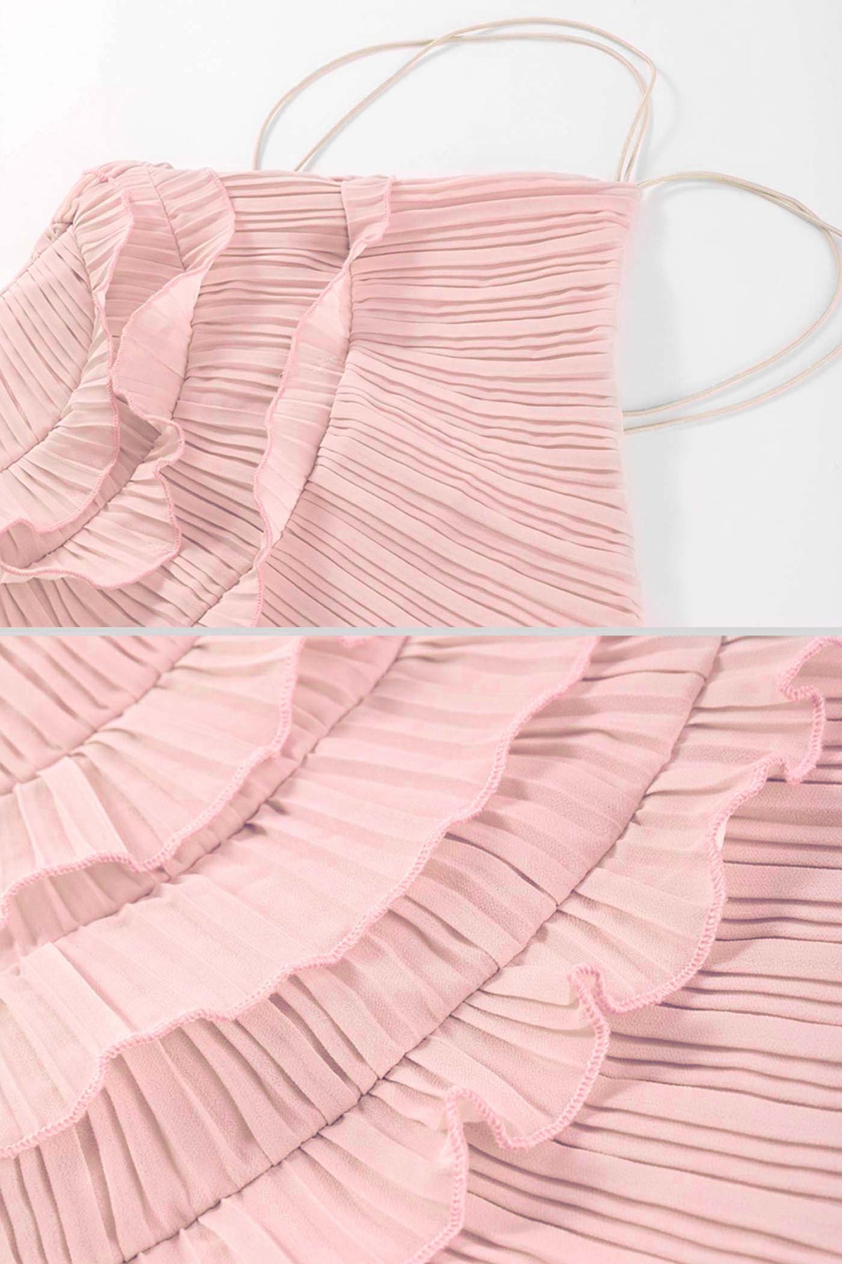 Pleated Halter Midi Dress With Cascading Ruffle Details - Pink