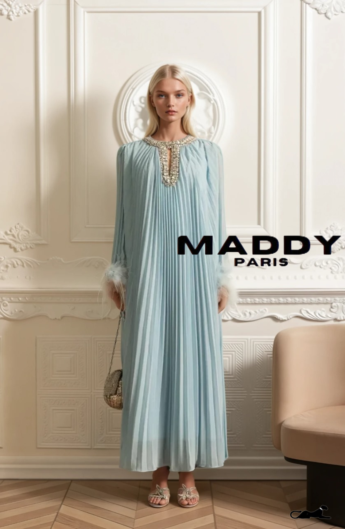 LAMISS Pleated Maxi Dress With Feathered Cuffs And Sparkling Neckline - Blue