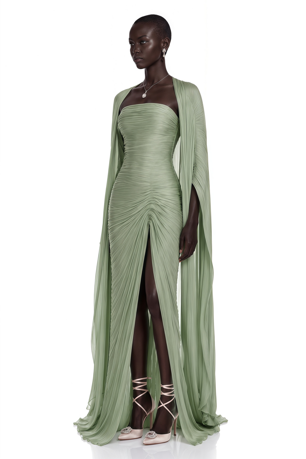 shifra green asymmetrical cape maxi dress