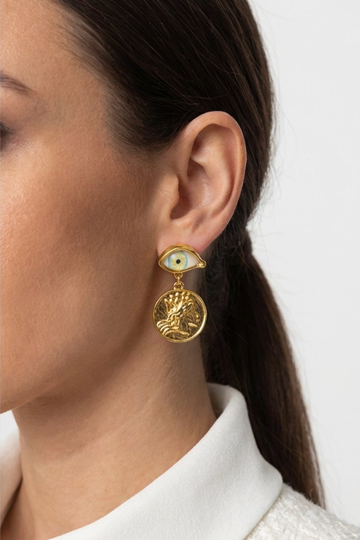 Statement Drop Earrings with Eye Motif and Symbol Charms – Gold