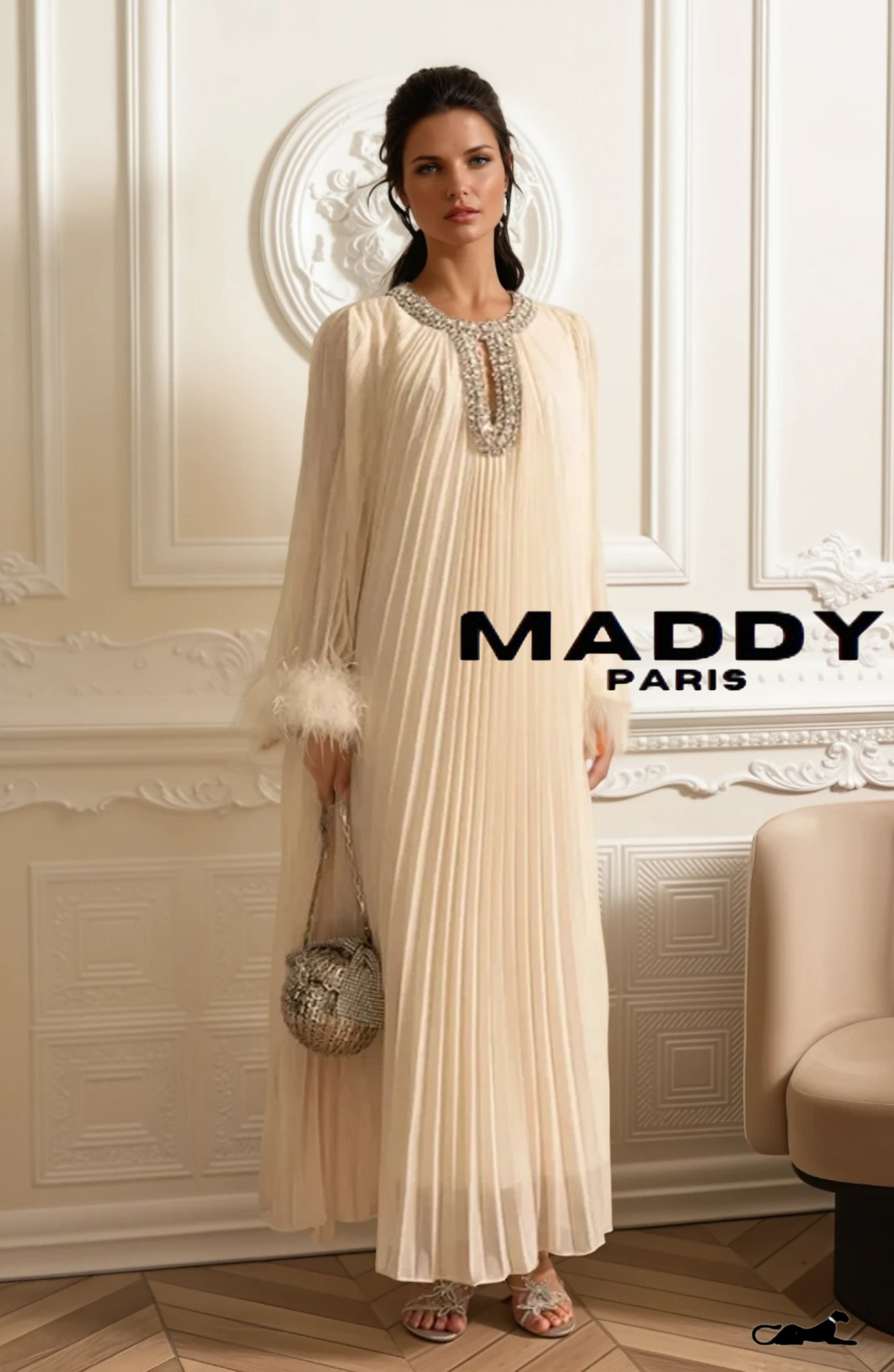 LAMISS Pleated  Maxi Dress With Feathered Cuffs And Sparkling Neckline - Ivoire