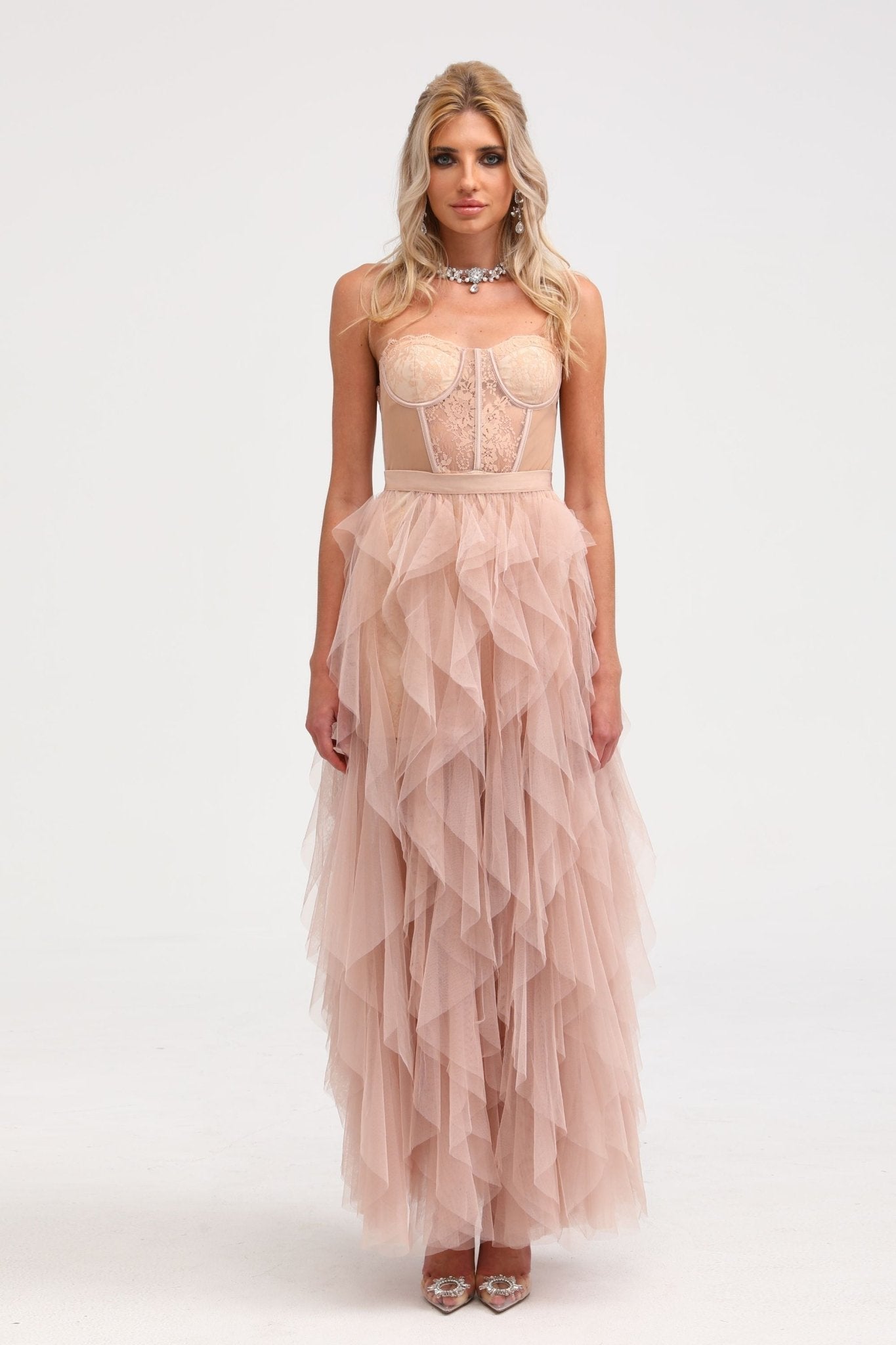 Eilís pink bustier mesh maxi dress