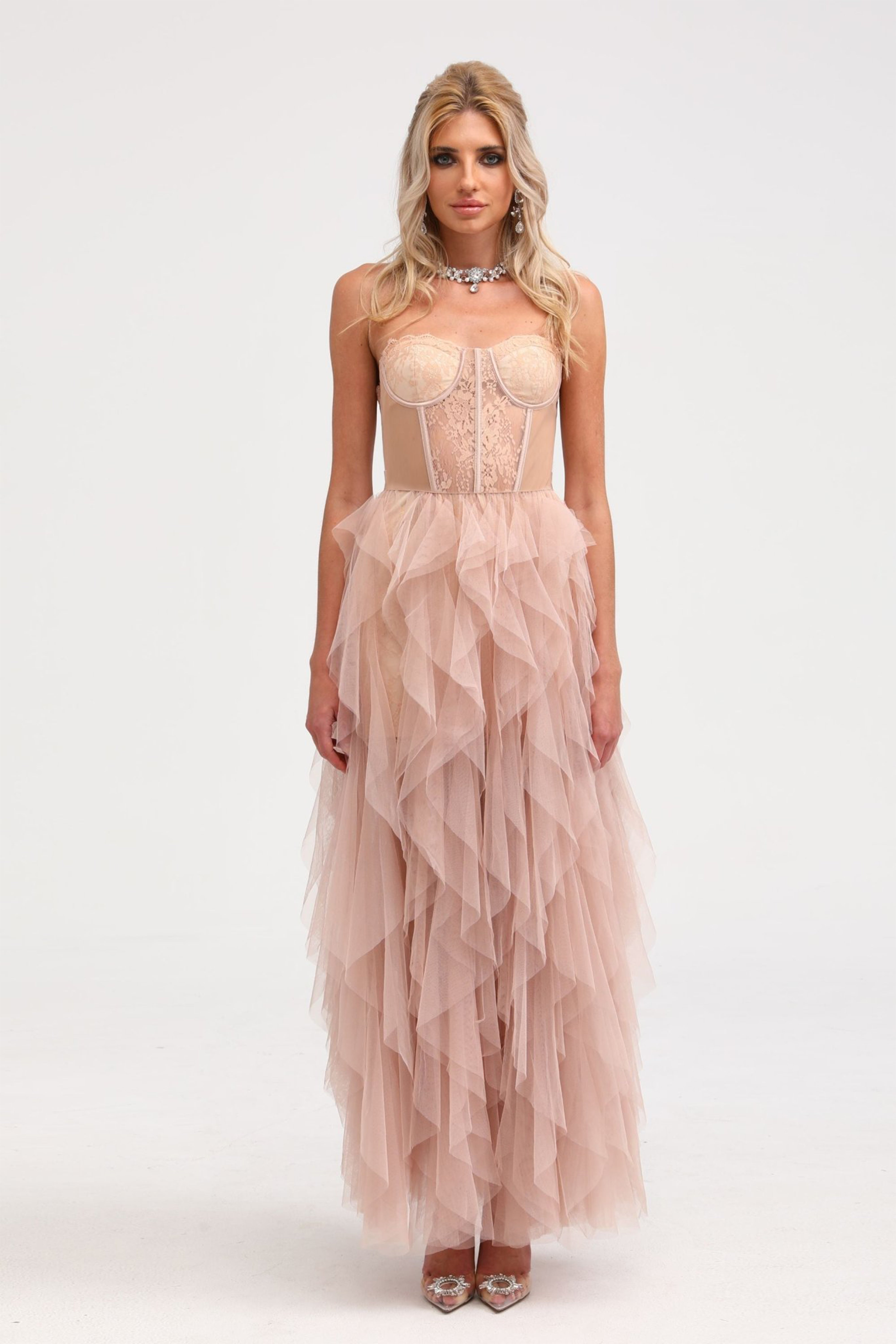 Eilís Pink Bustier Mesh Maxi Dress (Final Sale-US Only)