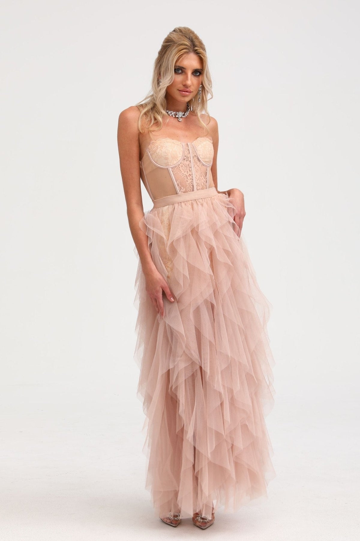 Eilís pink bustier mesh maxi dress