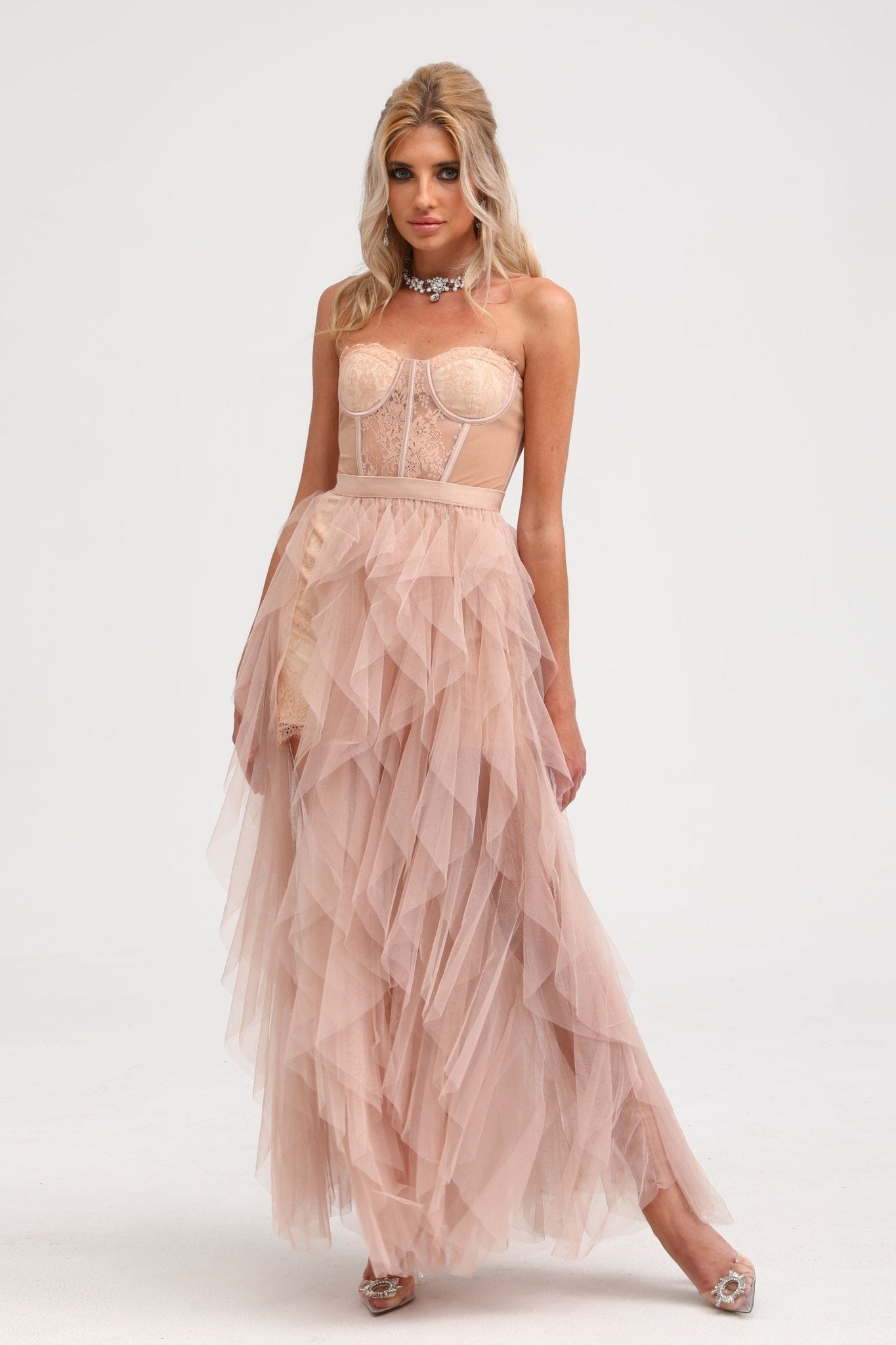 Eilís pink bustier mesh maxi dress