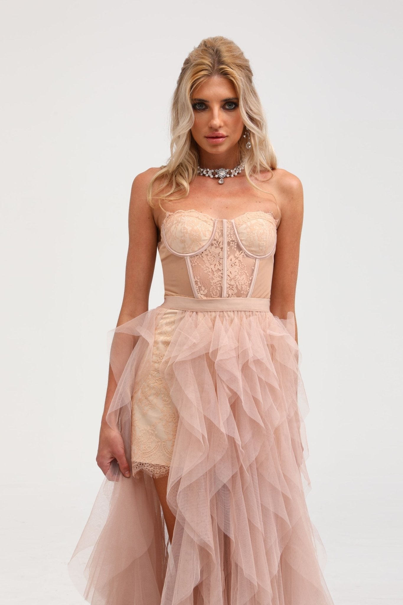 Eilís pink bustier mesh maxi dress