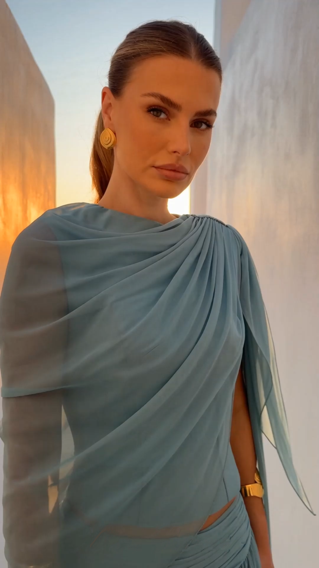 eirlys dusty blue draped one shoulder maxi dress set