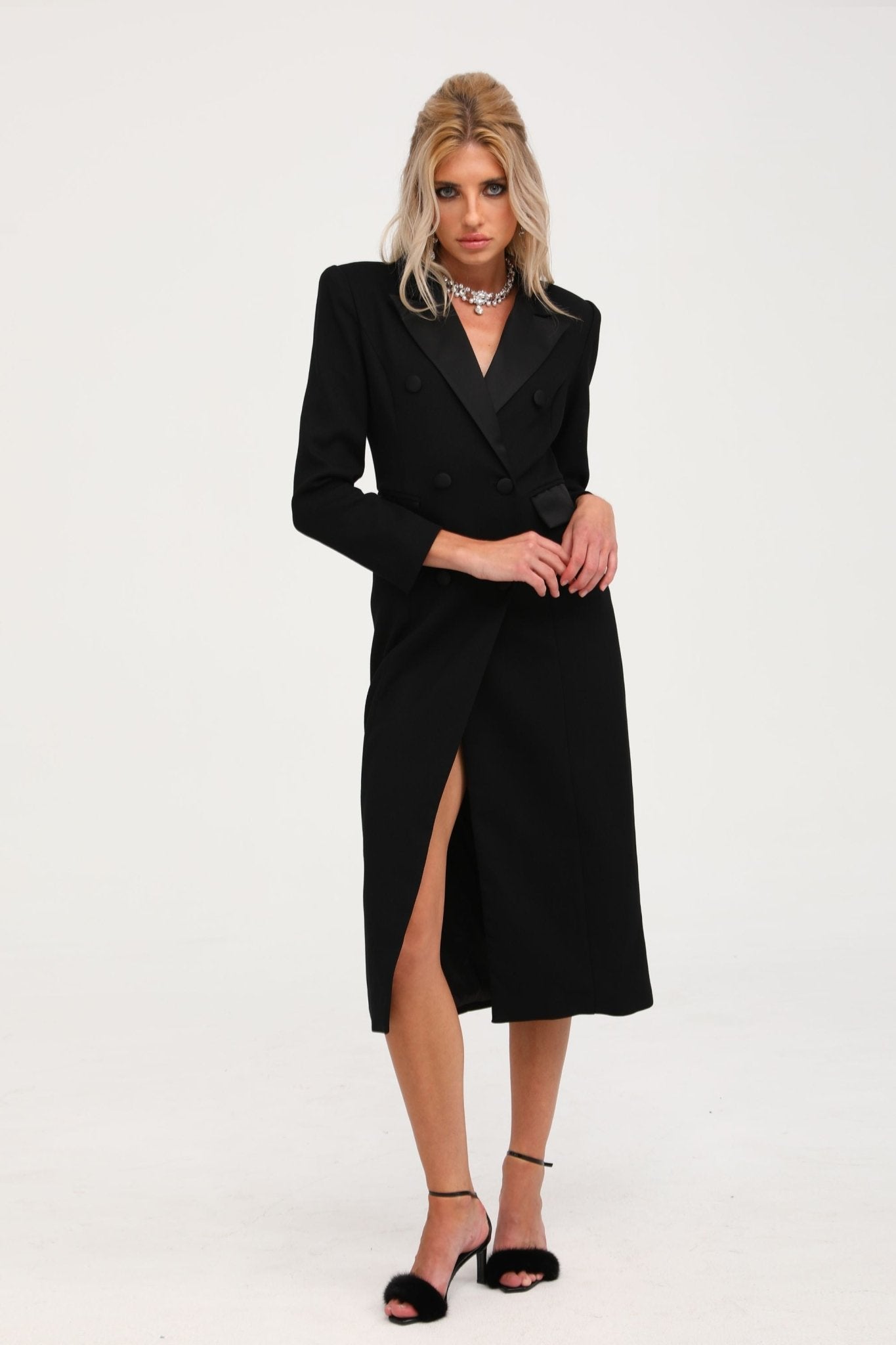 Eithne black double-breasted long coat