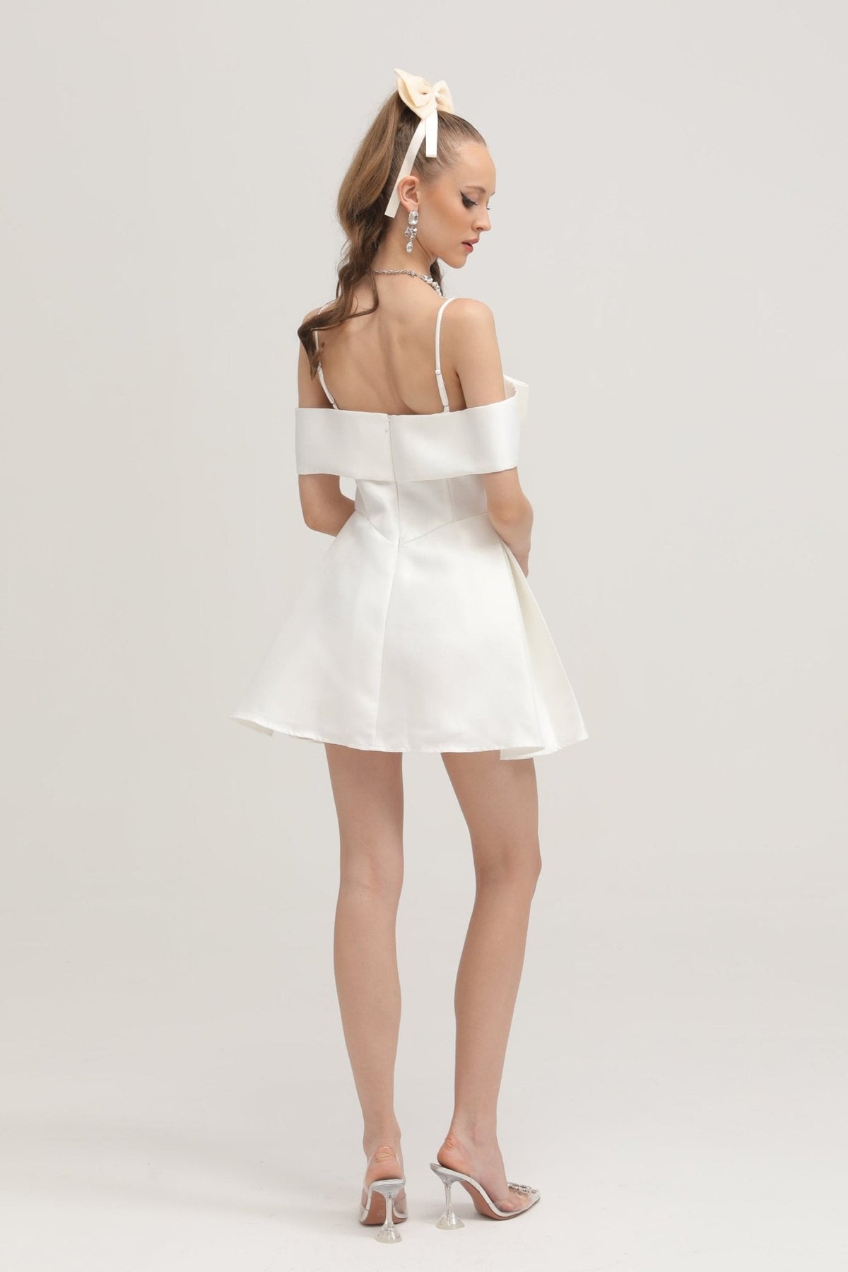 Elva white bowknot flared mini dress - White