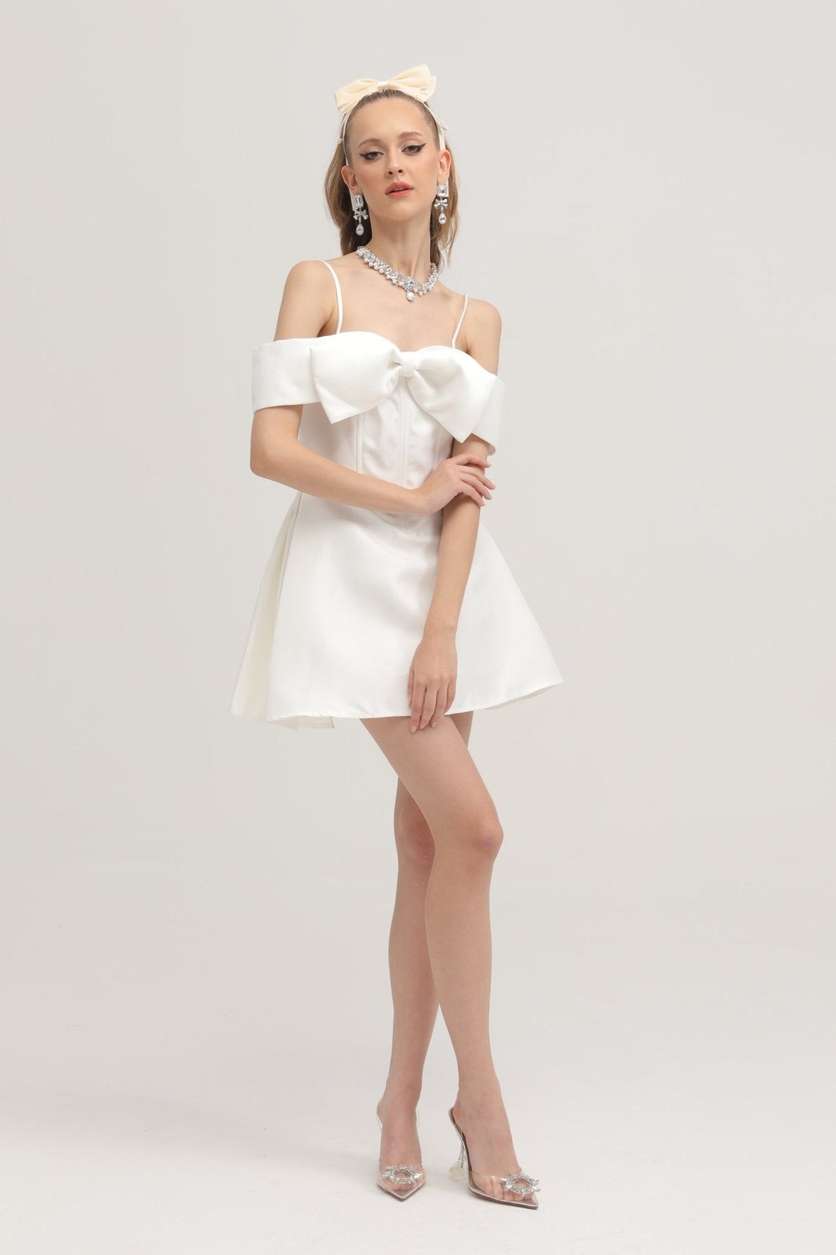 Elva white bowknot flared mini dress - White