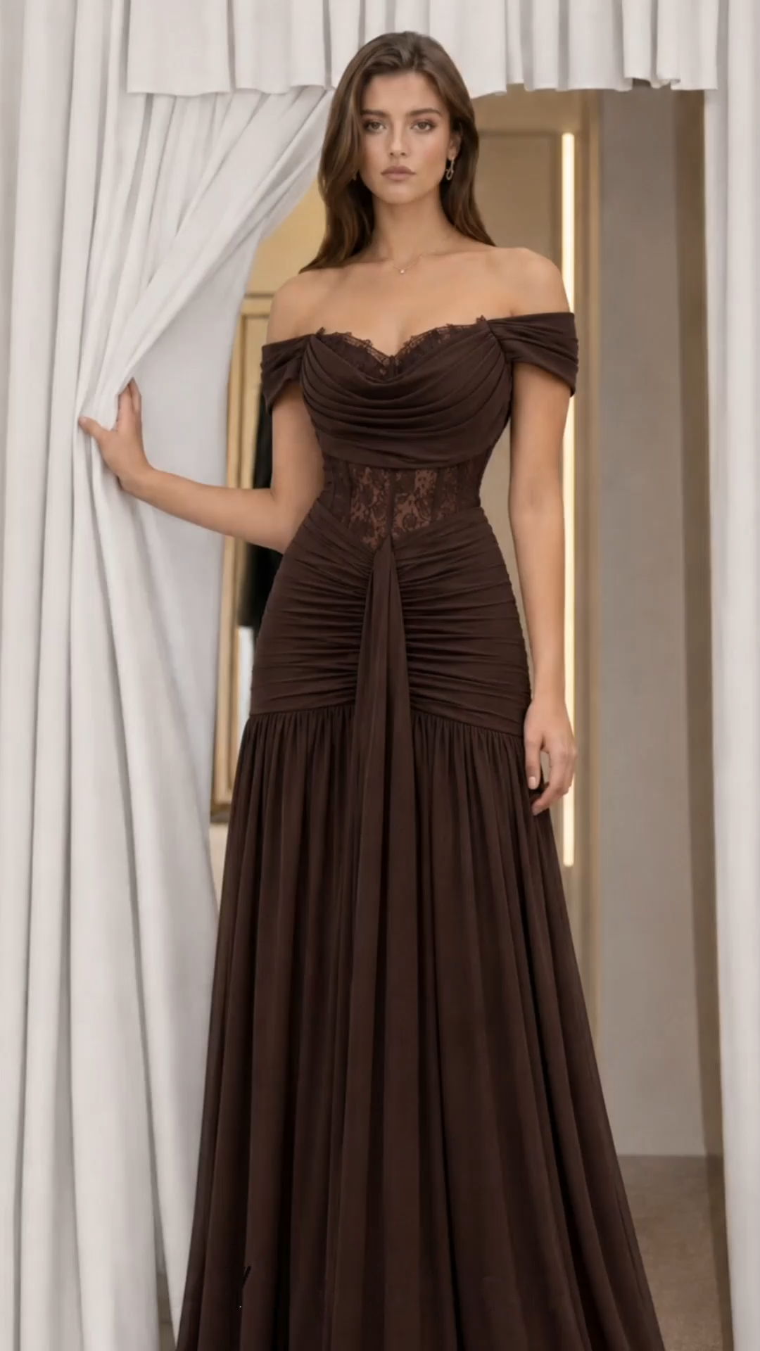eponine brown lace ruched off-shoulder maxi dress