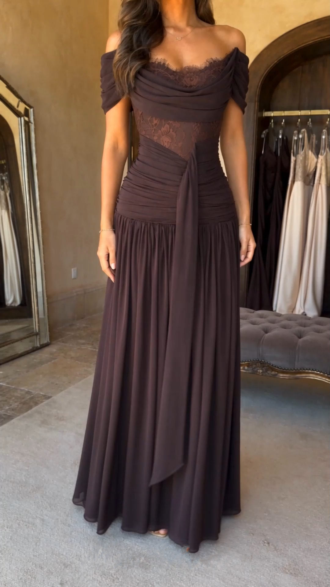 eponine brown lace ruched off-shoulder maxi dress