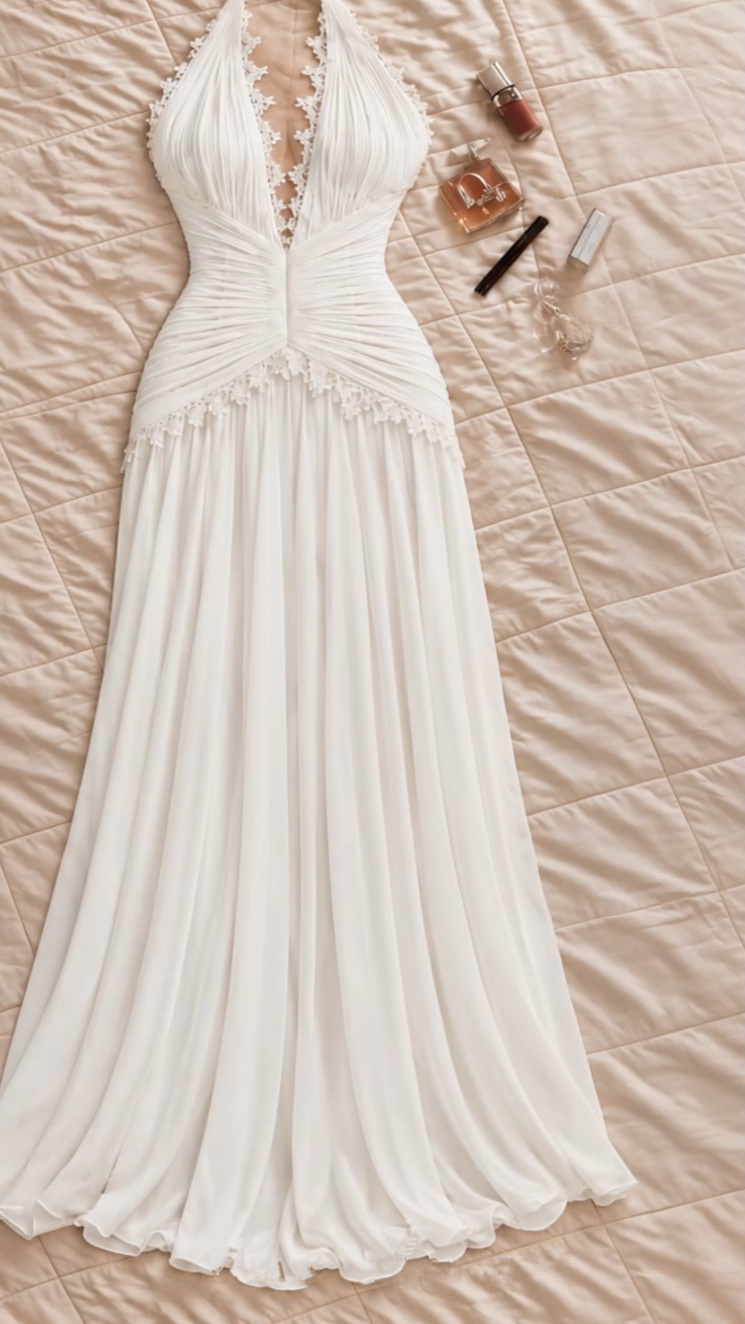 evangeline white plunging halterneck ruched maxi dress