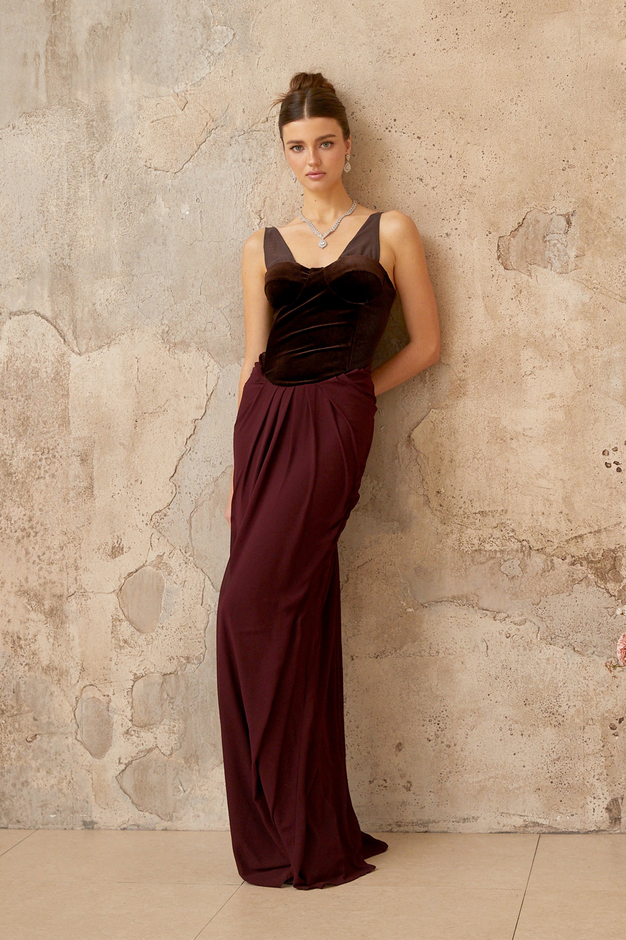 Ariane burgundy velvet-panel shirred maxi dress