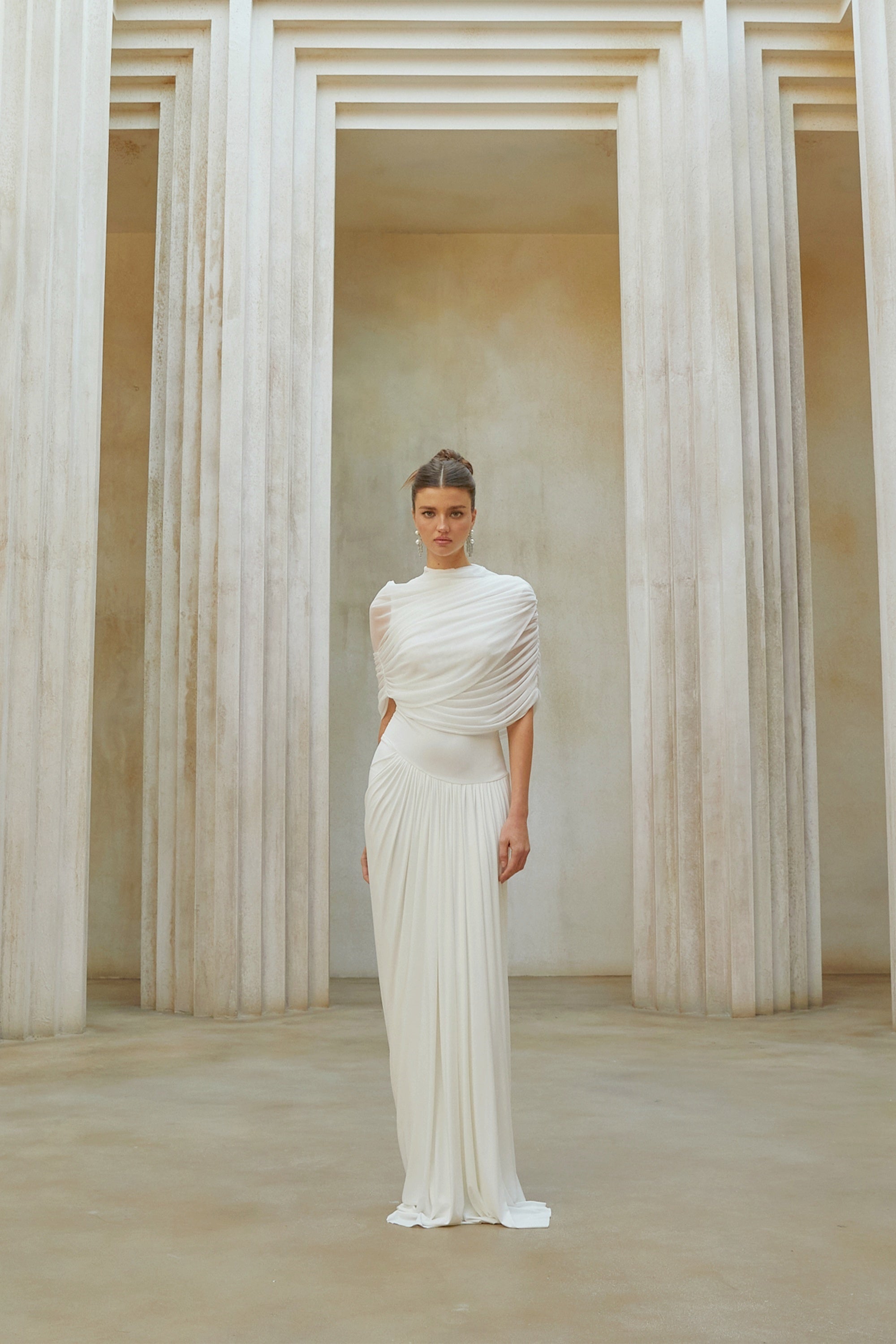 Catherine White Asymmetrical Pleated Maxi Dress