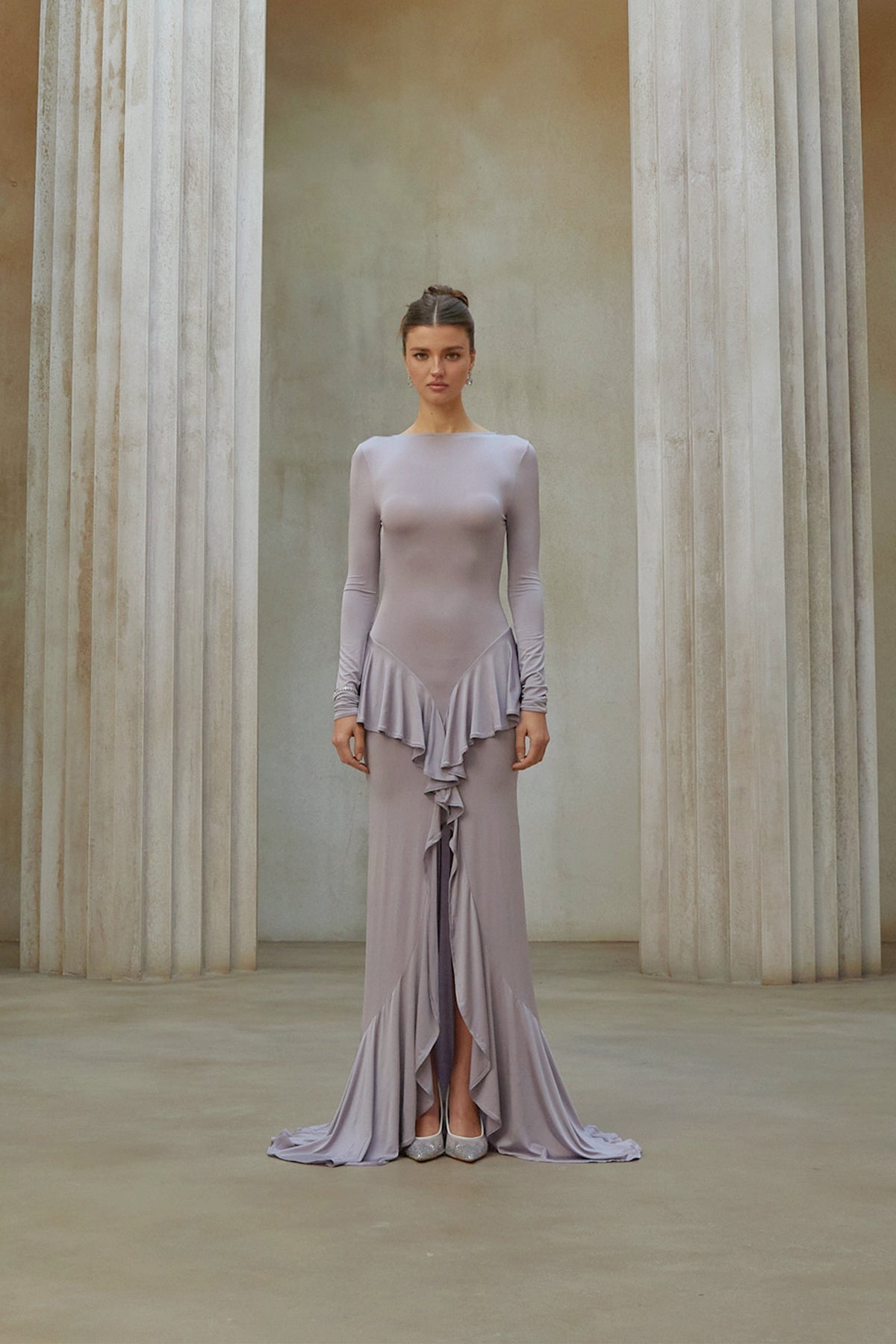 Xenia Purple Ruffle Detail Maxi Dress with Front Slit (Final Sale-US Only)