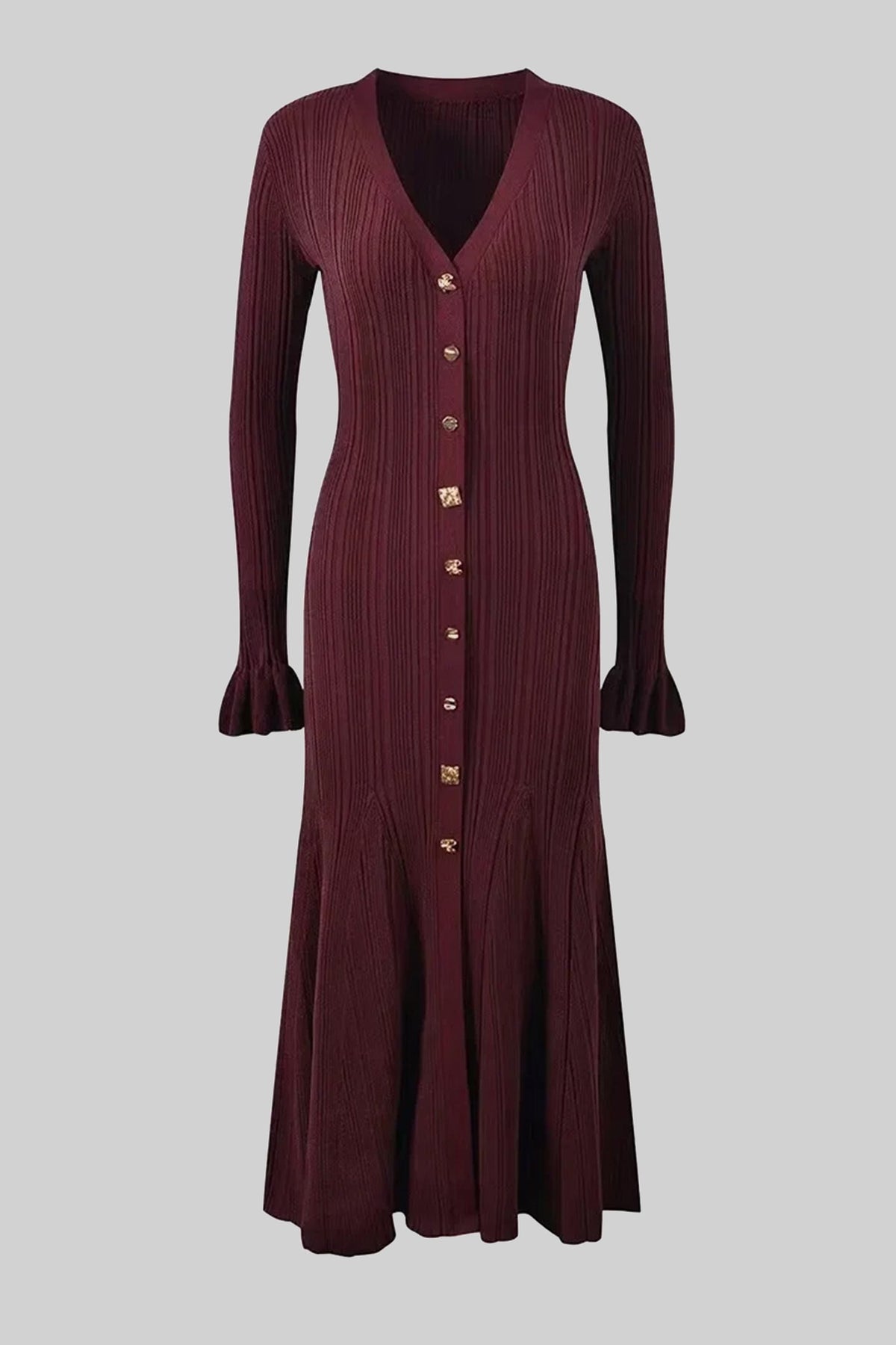 Sixtine Burgundy V-Neck Button-Front Ribbed Knit Maxi Dress With Ruffle Cuffs