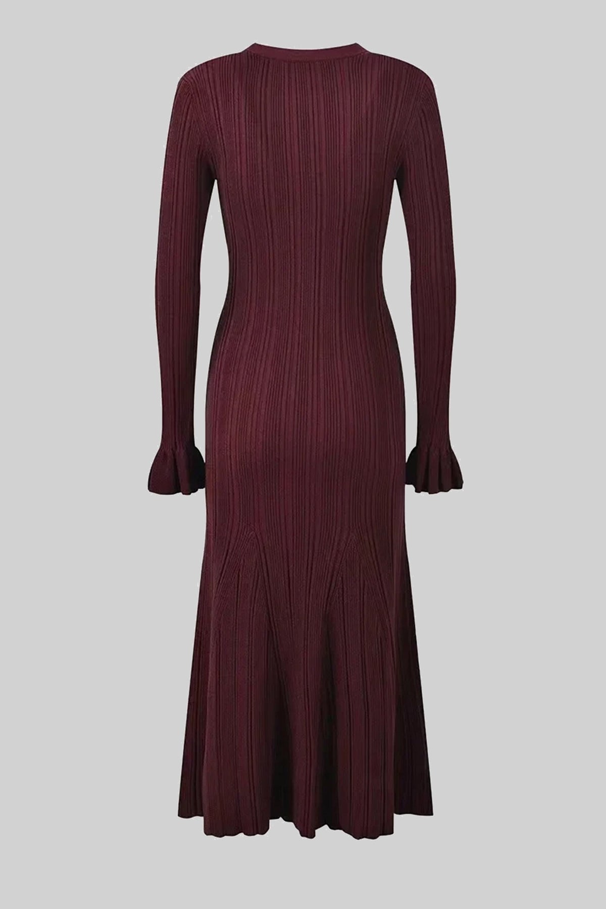 Sixtine Burgundy V-Neck Button-Front Ribbed Knit Maxi Dress With Ruffle Cuffs