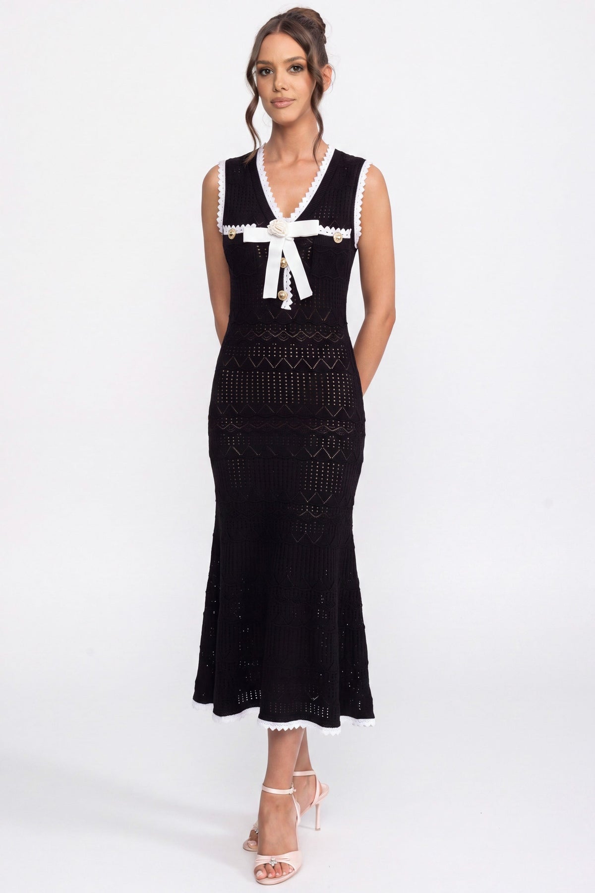 Crochet Knit Midi Dress With Black Trim And Bow - Black