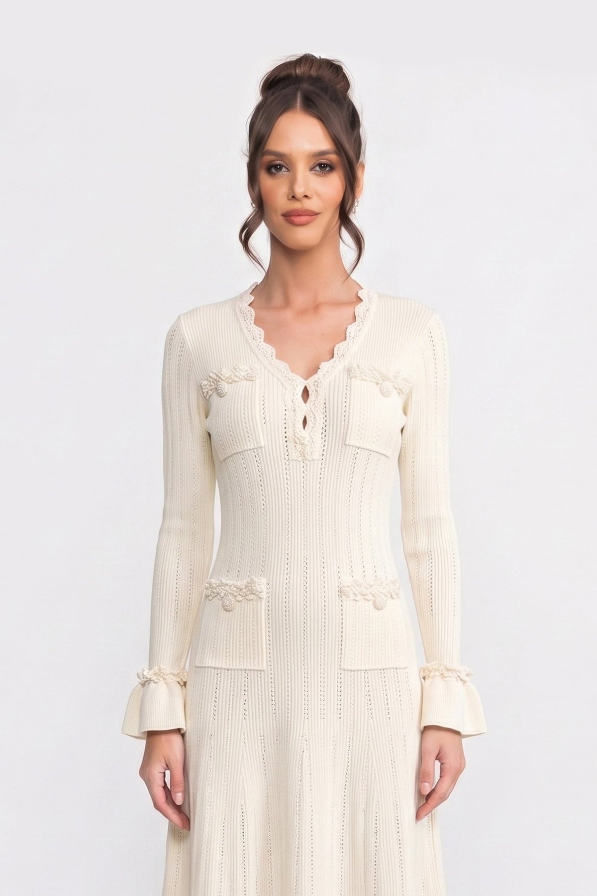 Henriette Ivoire Long-Sleeve V-Neck Knit Mini Dress With Ruffle Hem And Bow Cuffs