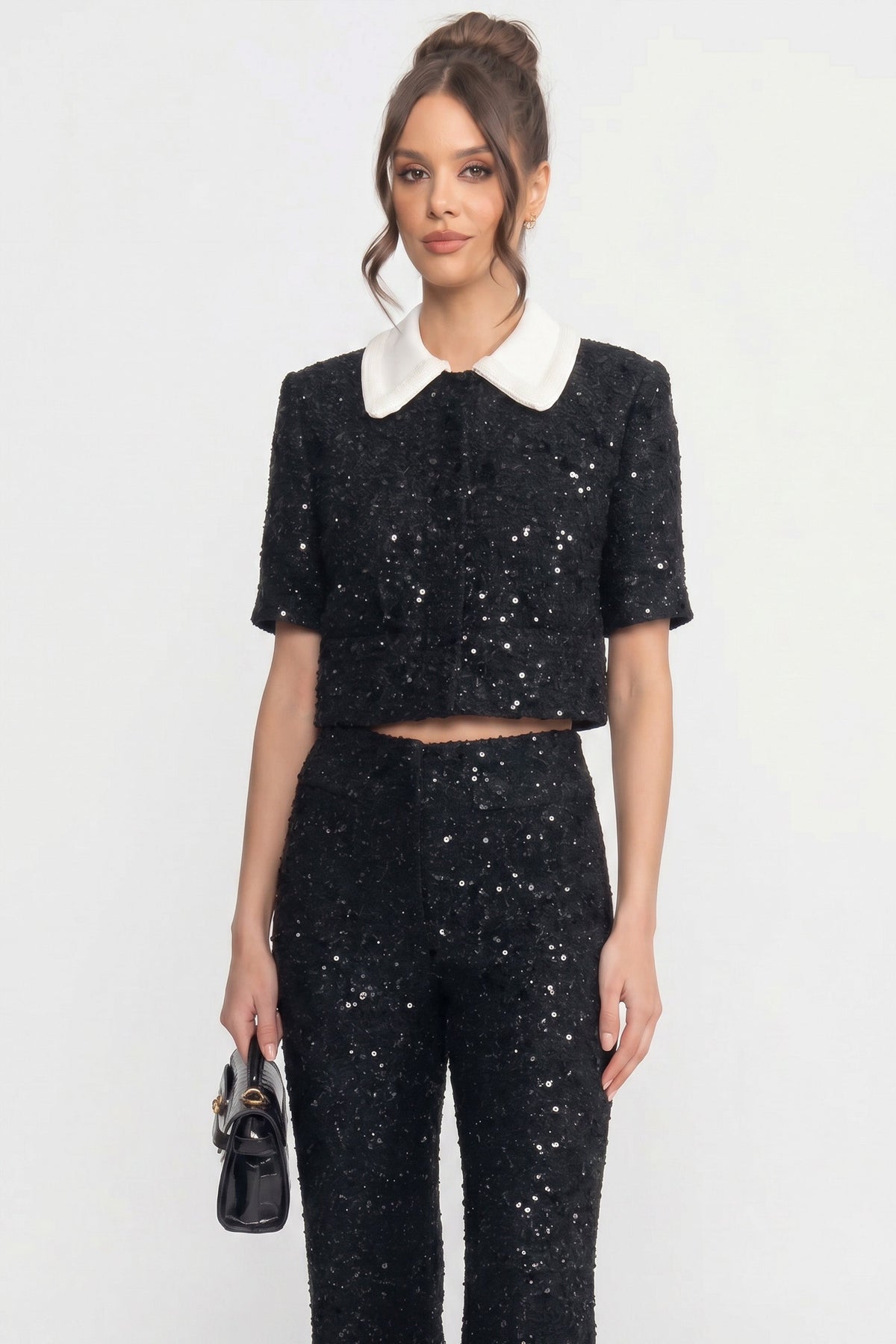 Zelie Black Short-Sleeve Tweed Cropped Jacket With Contrast Collar And Sequin Detail