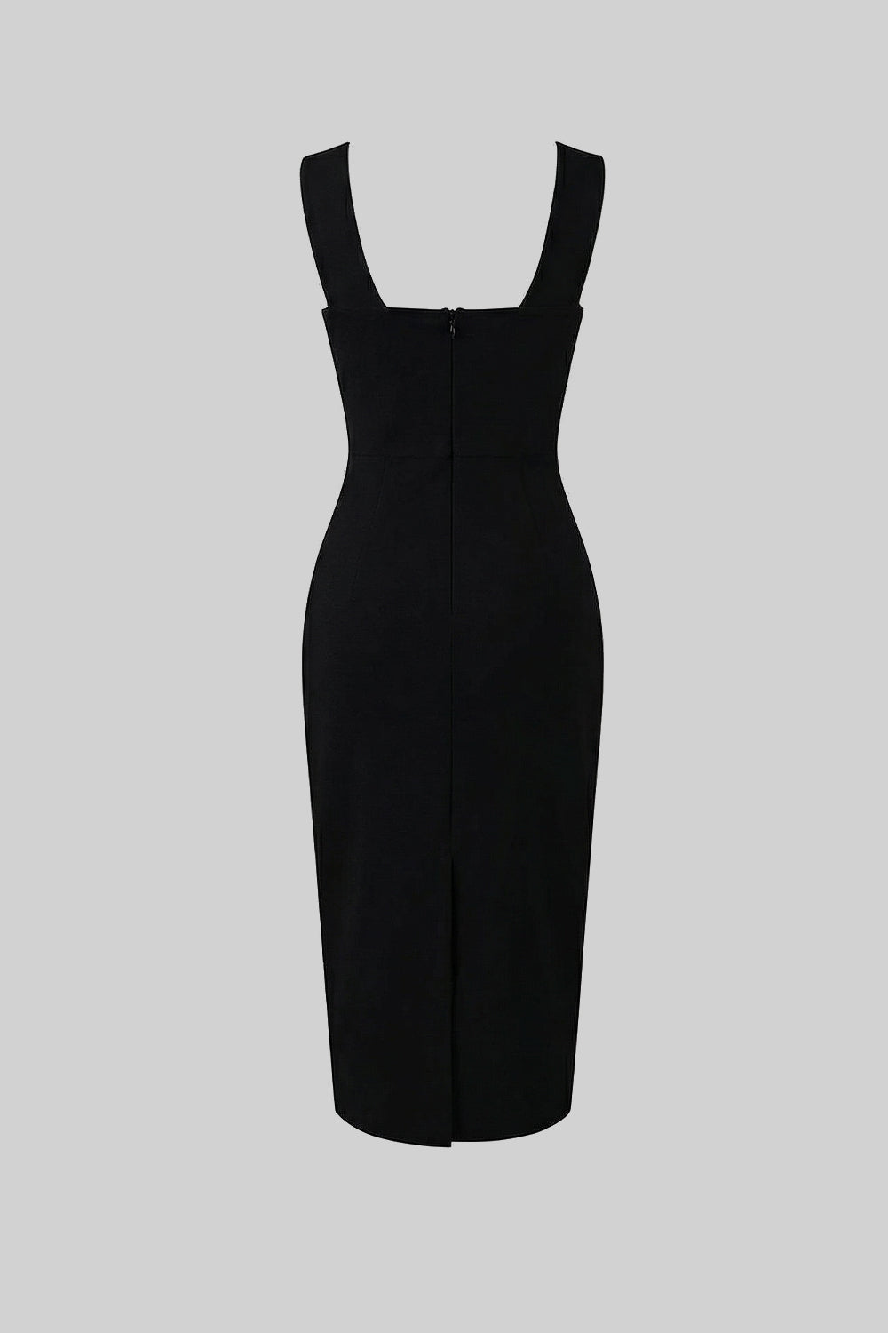 Structured Midi Dress with Sculpted Floral Accent – Black