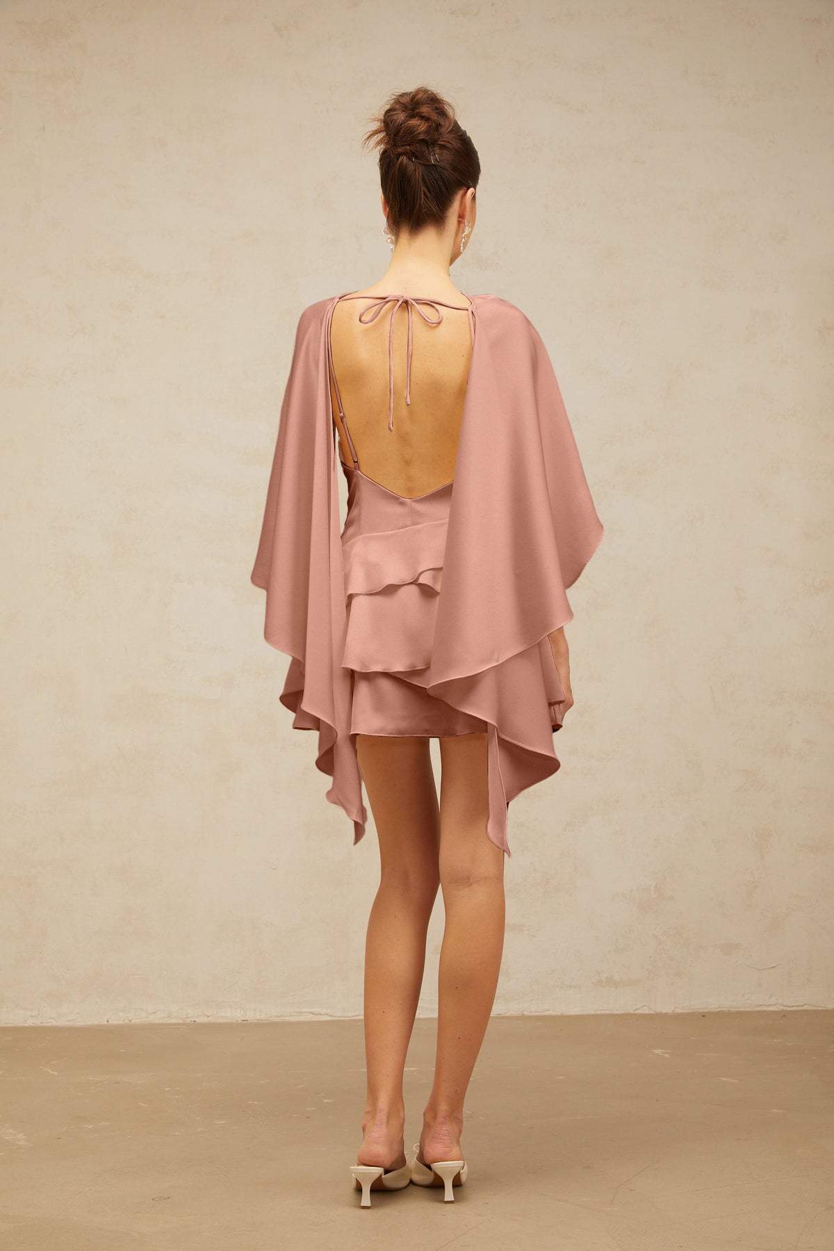 Lyna shawl-panel ruffled satin mini dress in Pink